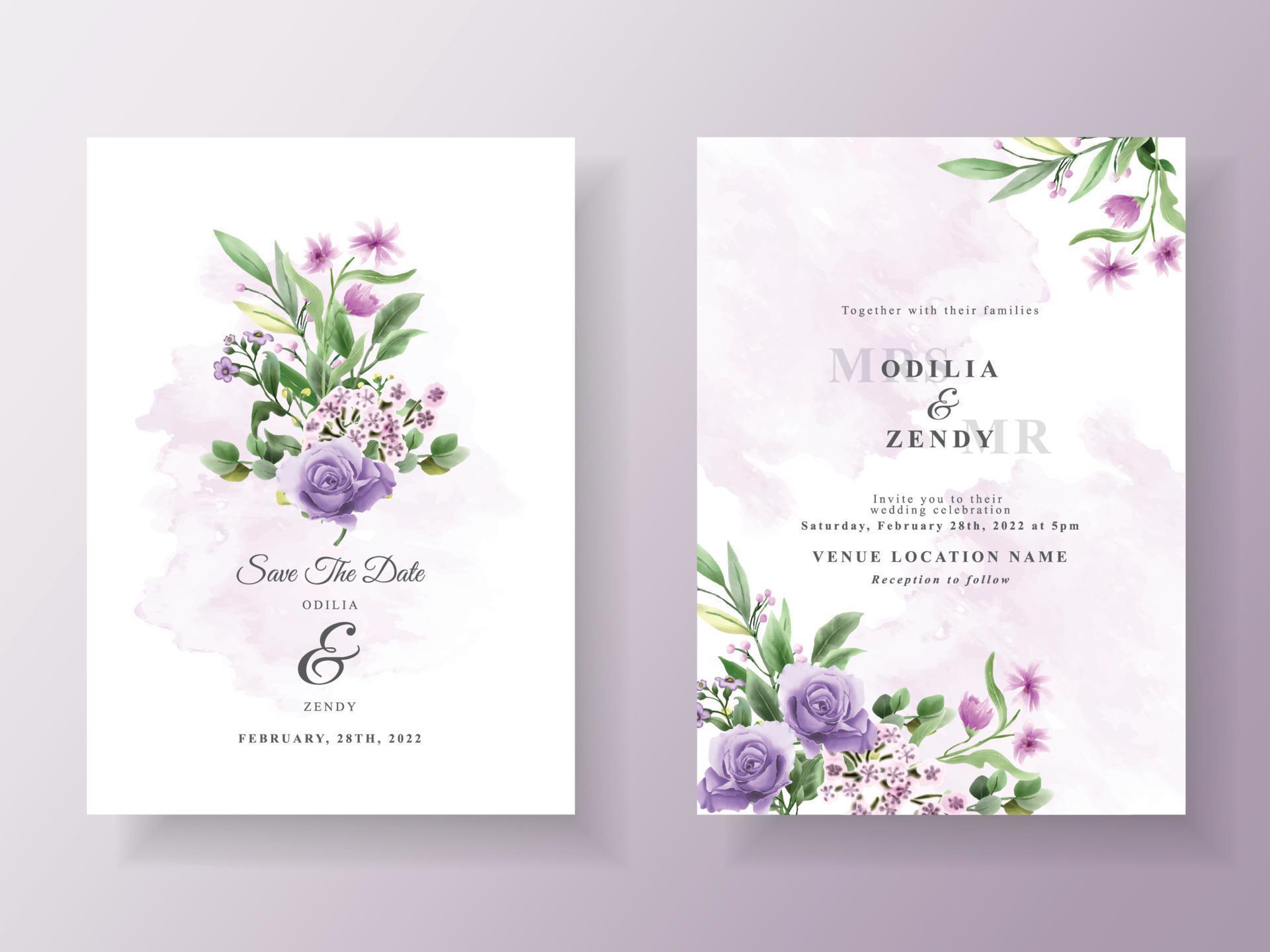 Beautiful purple flowers wedding invitation template Stock Free