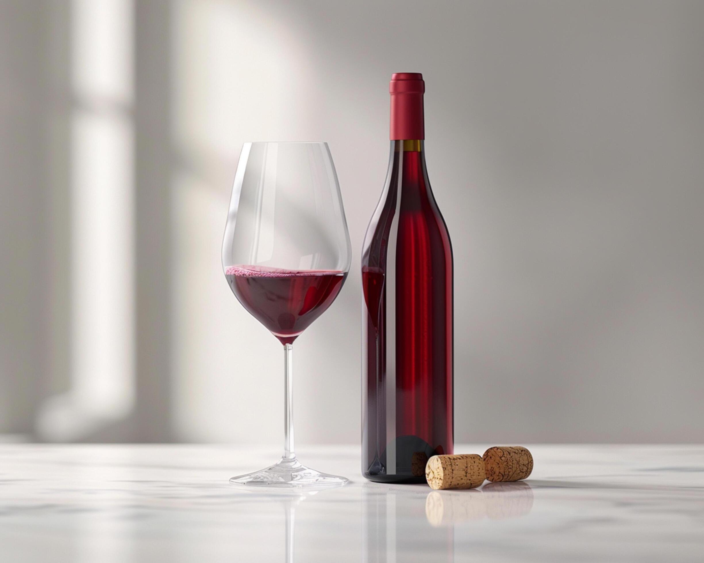 a bottle of red wine and a glass on a table Stock Free