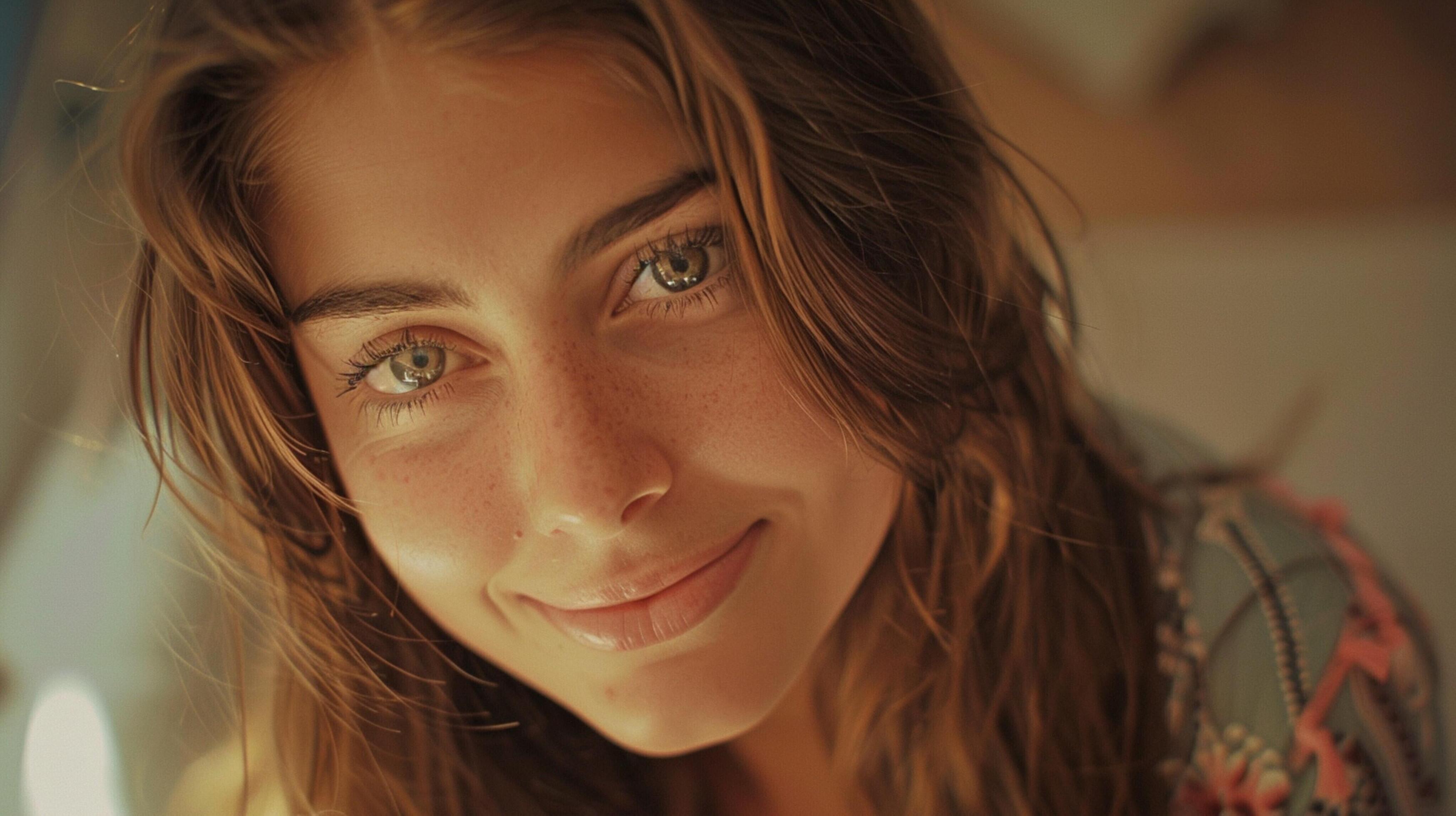 young woman with long brown hair smiling Stock Free