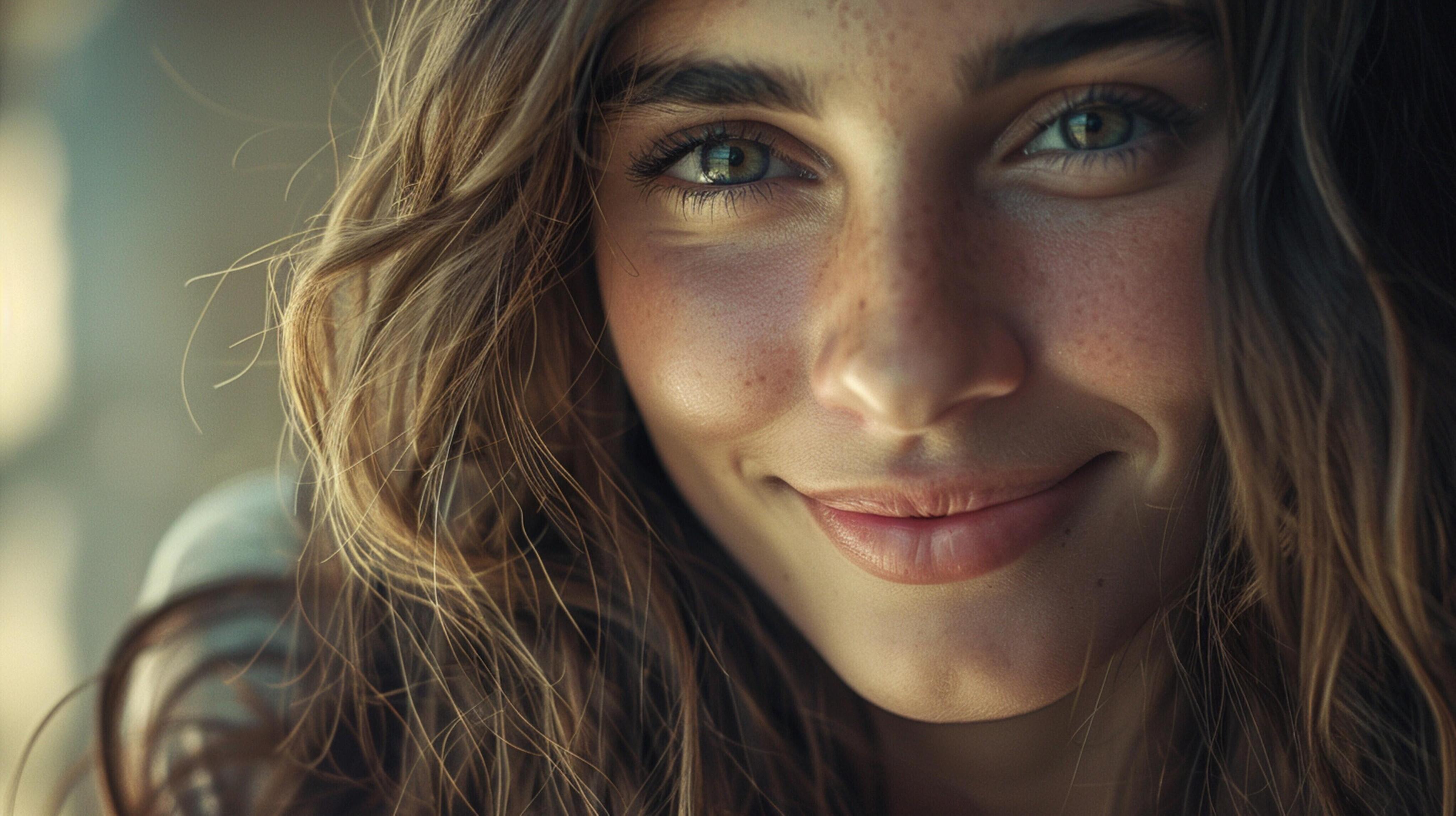 young woman with long brown hair smiling Stock Free