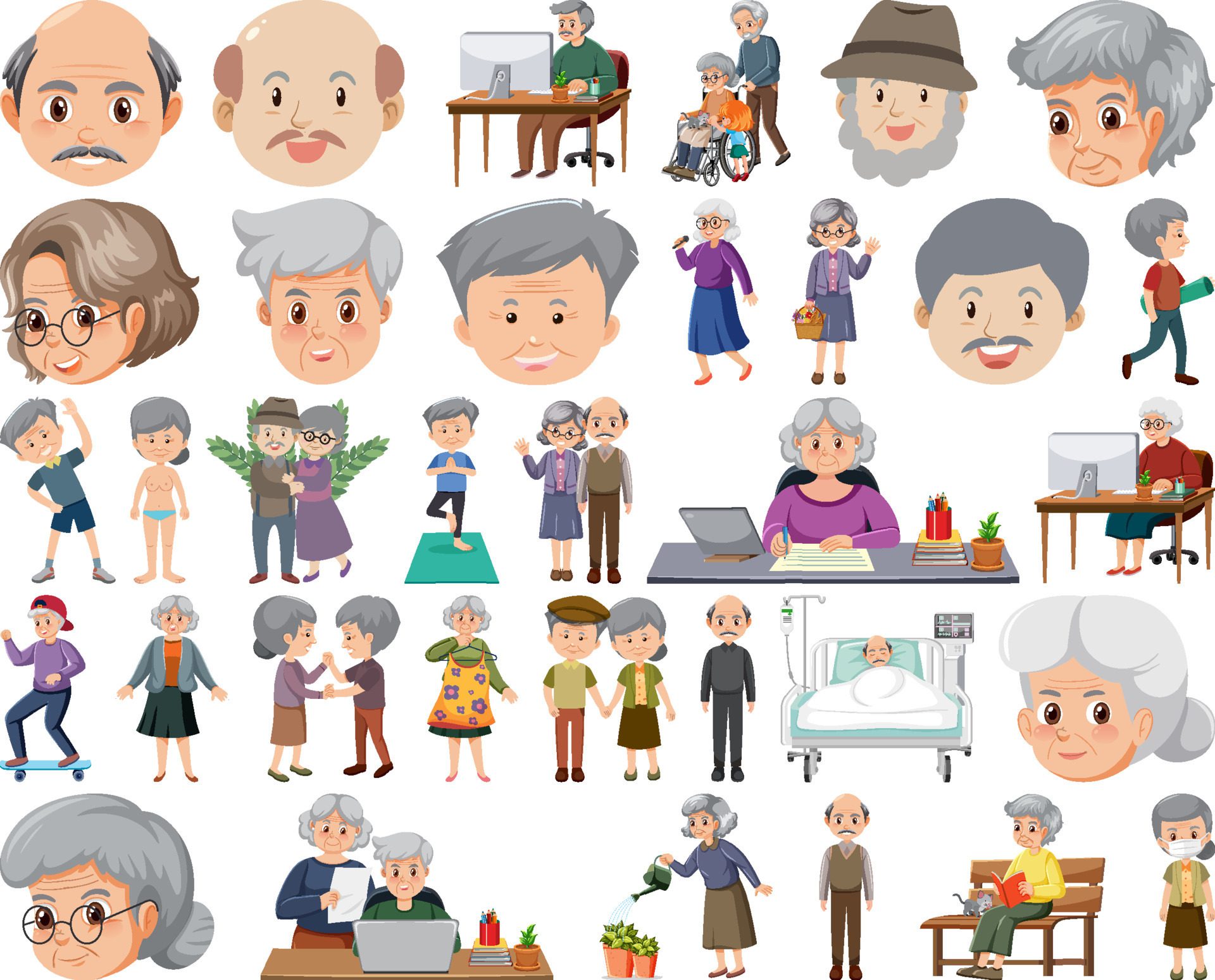 Collection of elderly people icons Free Vector