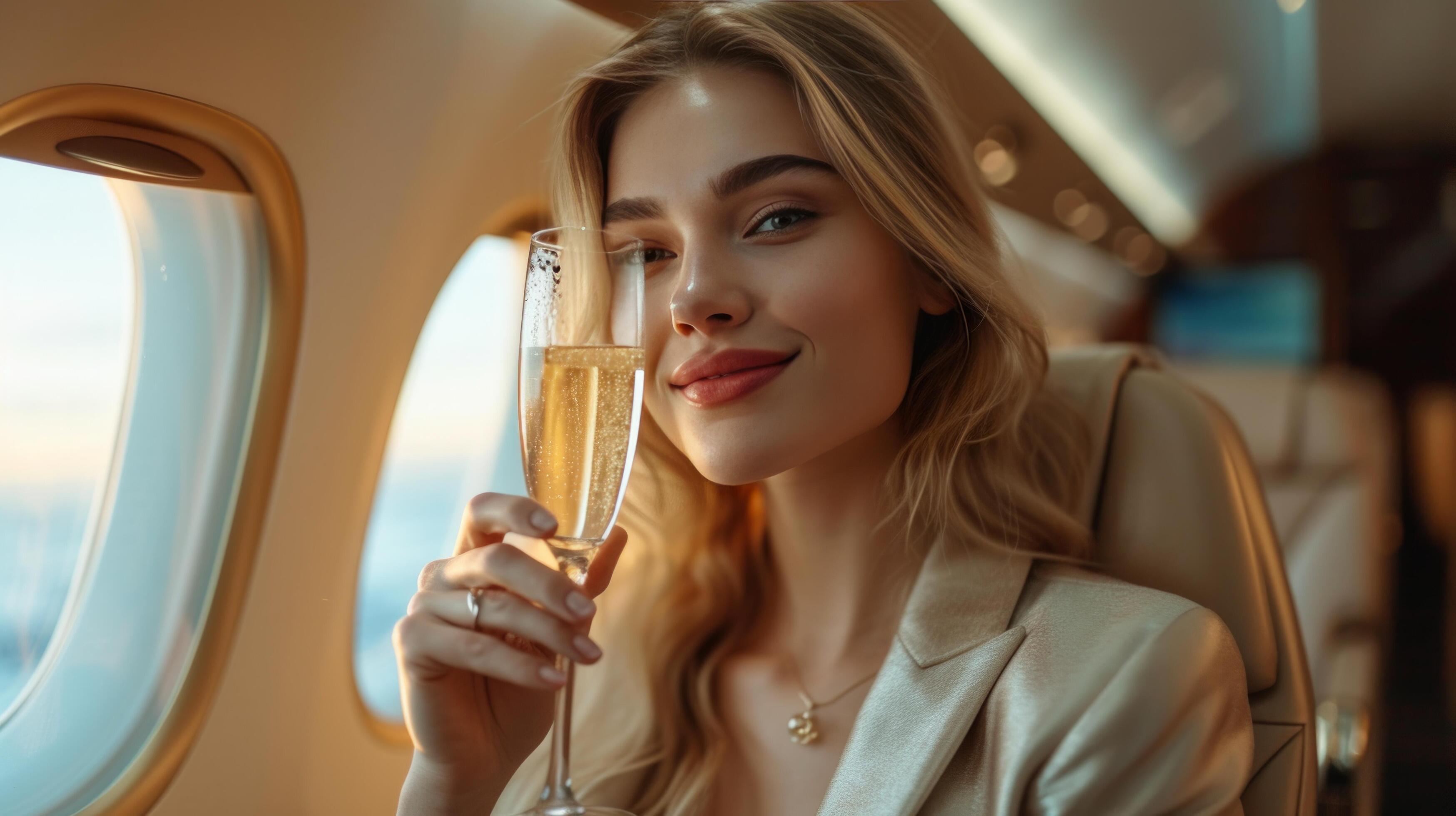 AI generated Beautiful businesswoman drinks champagne in business class of an airplane Stock Free