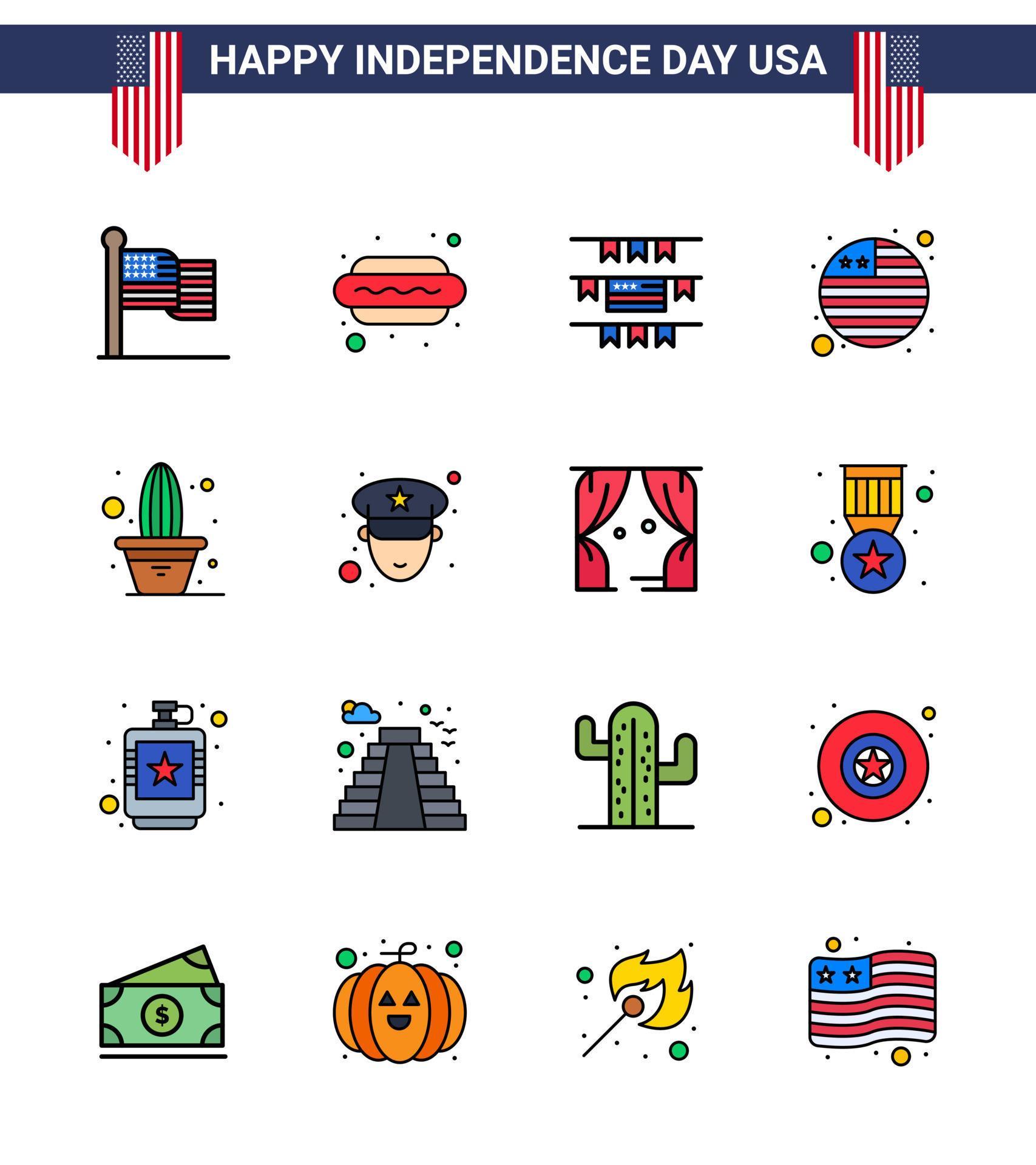 Flat Filled Line Pack of 16 USA Independence Day Symbols of pot flower buntings cactus flag Editable USA Day Vector Design Elements Stock Free