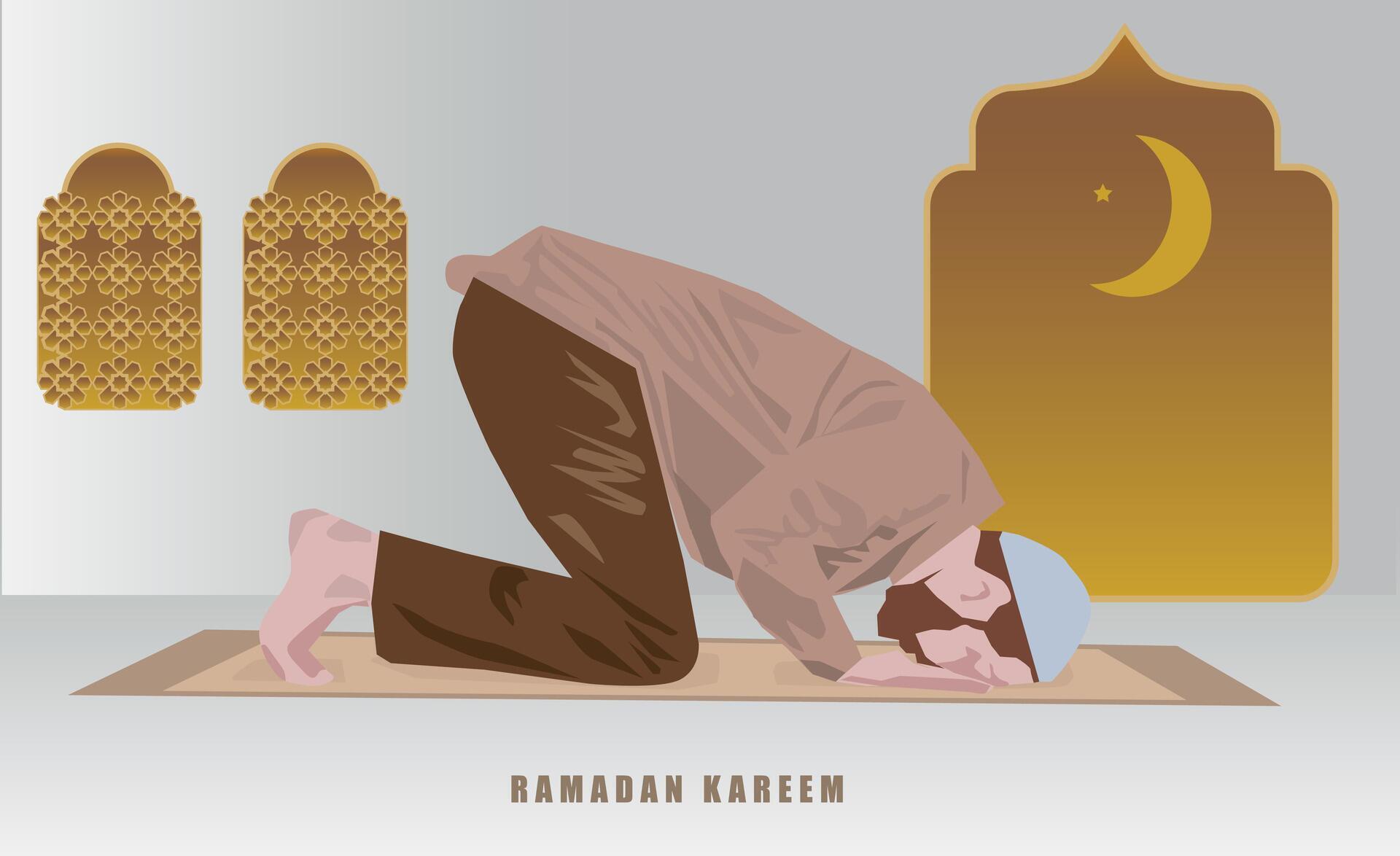 vector man person is focus prostrate islam pray sujud in mosque with moon crescent and star Stock Free