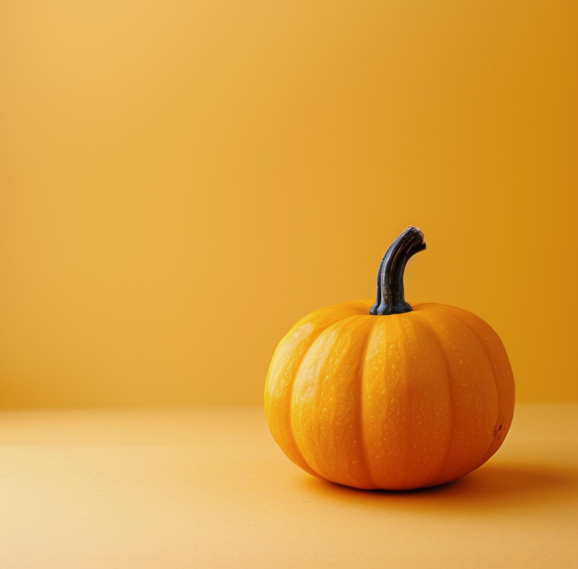 Single Pumpkin on White Table Against Orange Background Stock Free