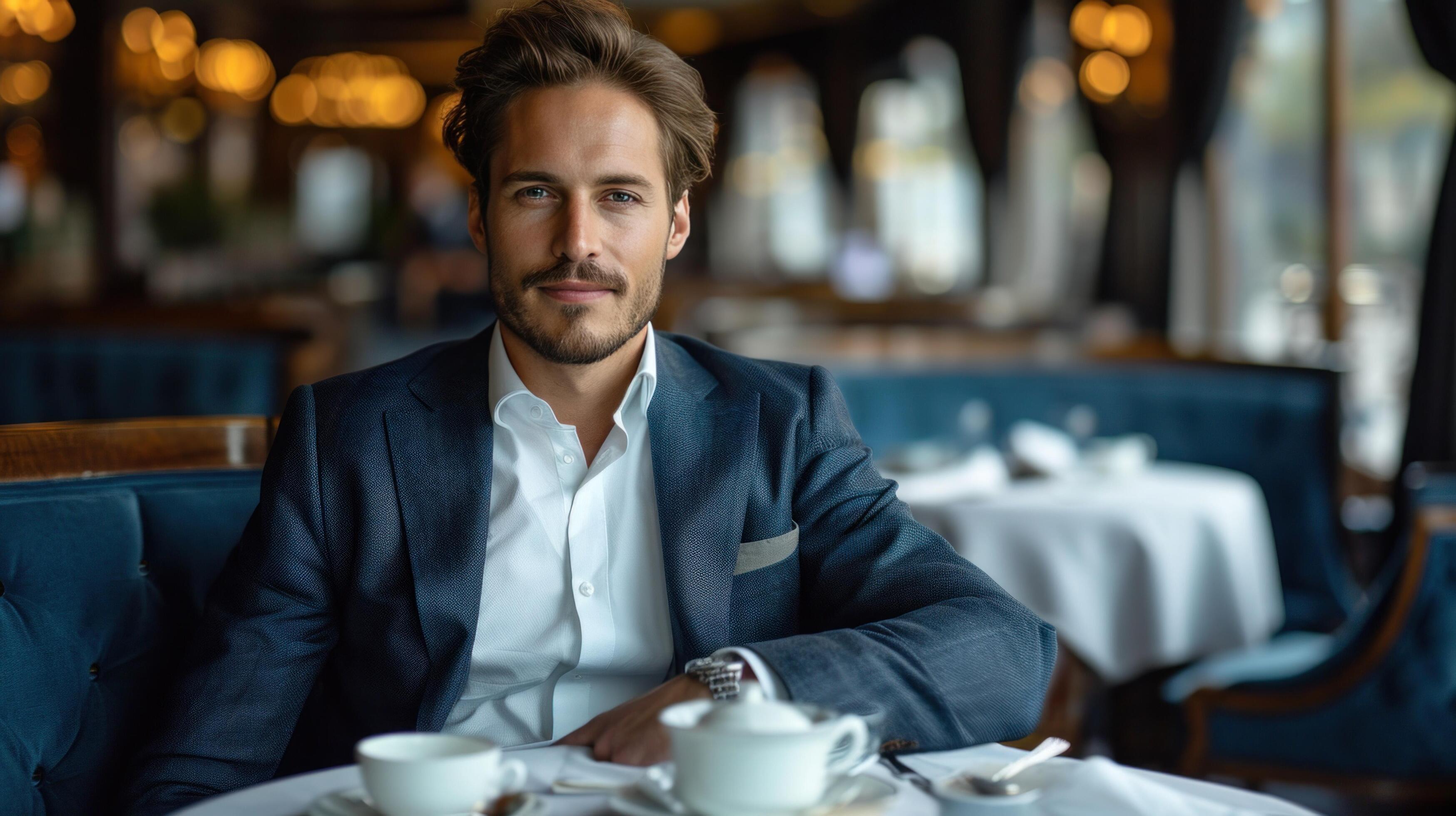 AI generated elegant business man sitting in luxury restaurant with glass of shampagne Stock Free