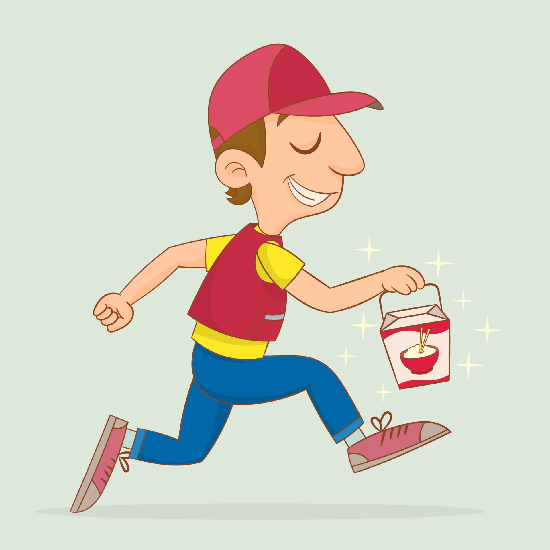 Boy delivering food. Young Asian food delivery man goes in a hurry Free Vector