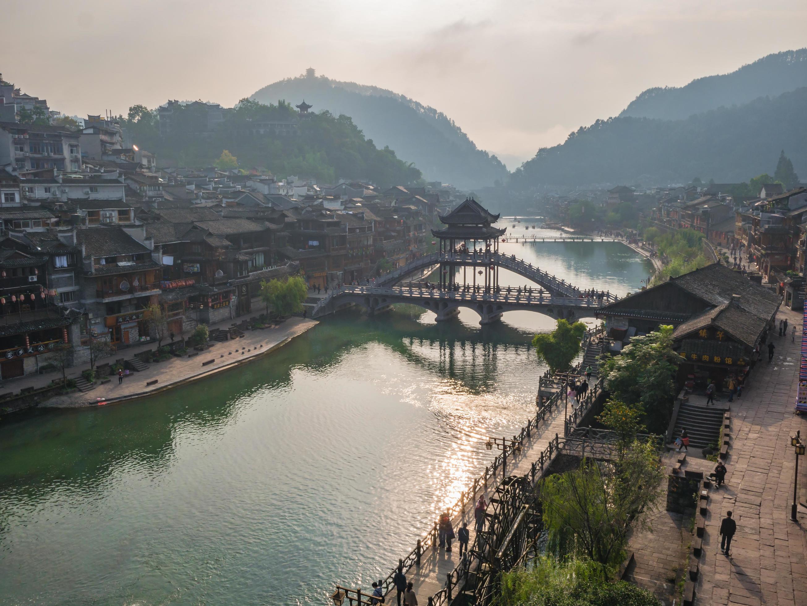 Scenery view in the morning of fenghuang old town .phoenix ancient town or Fenghuang County is a county of Hunan Province, China Stock Free