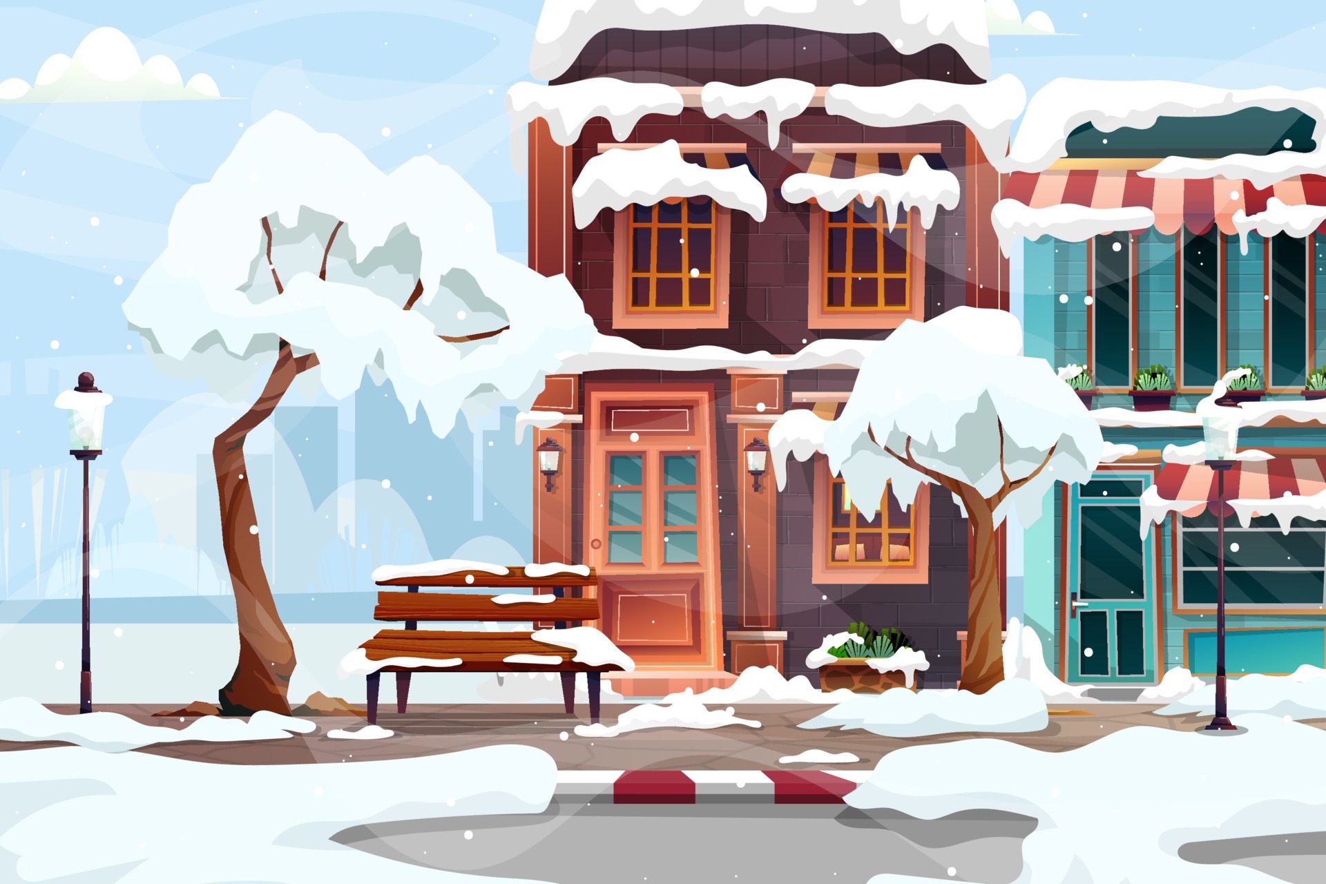 Urban background A peaceful townscape set in snow all over Christmas. Free Vector