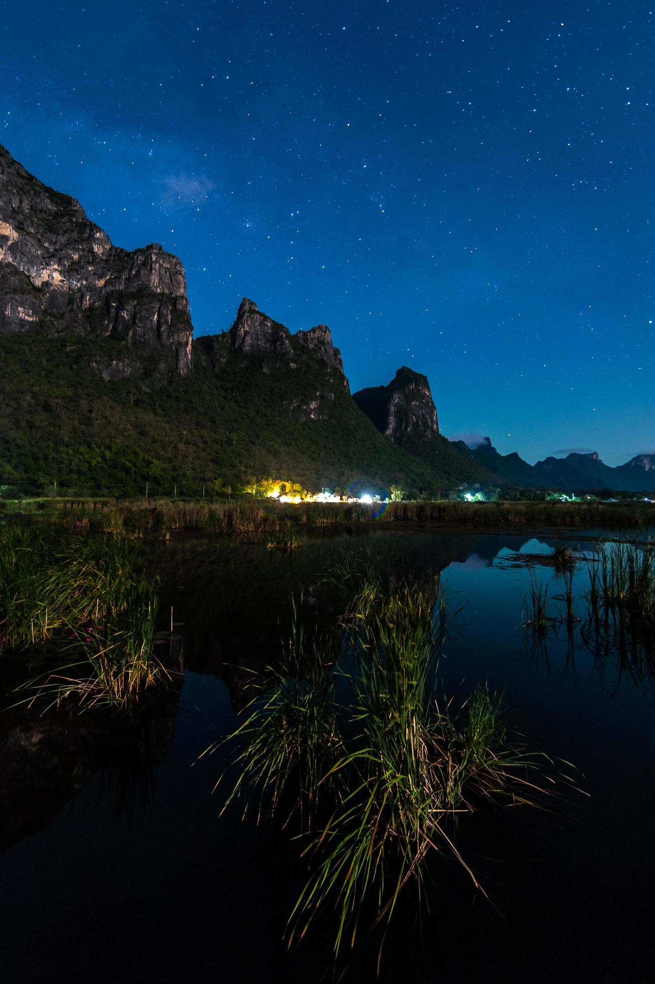 
									Milky Way Galaxy and Stars in Night Sky from Khao Sam Roi Yod National Park, Thailand Stock Free