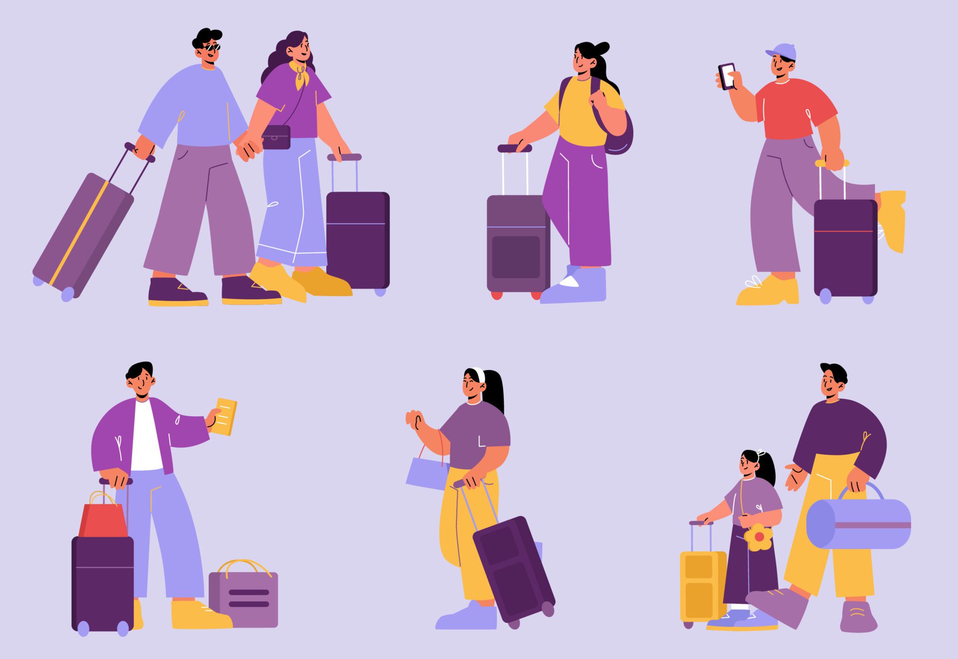 People with luggage, tourists travel with bags Free Vector