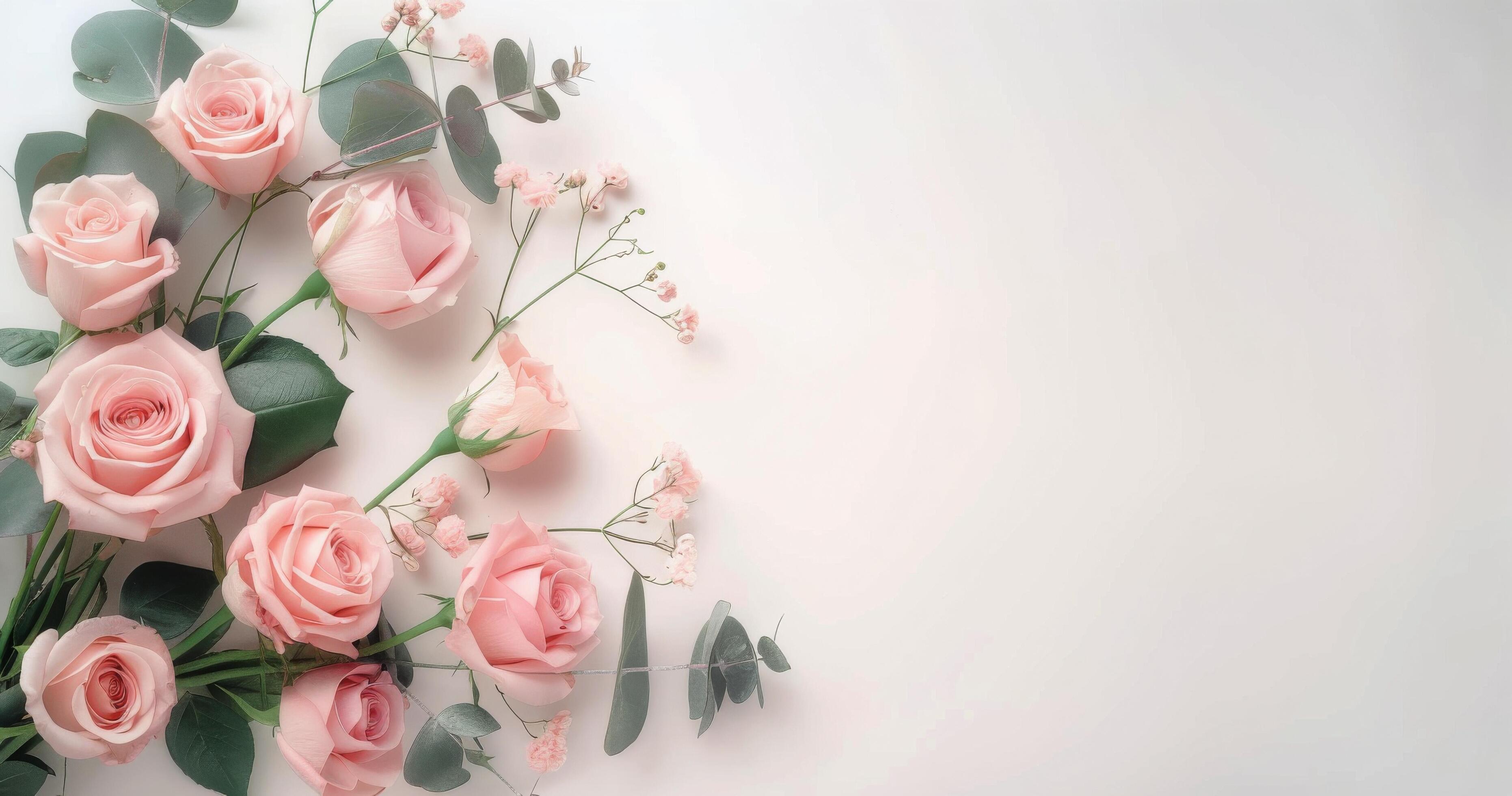 Pink Roses and Eucalyptus on White Background Stock Free