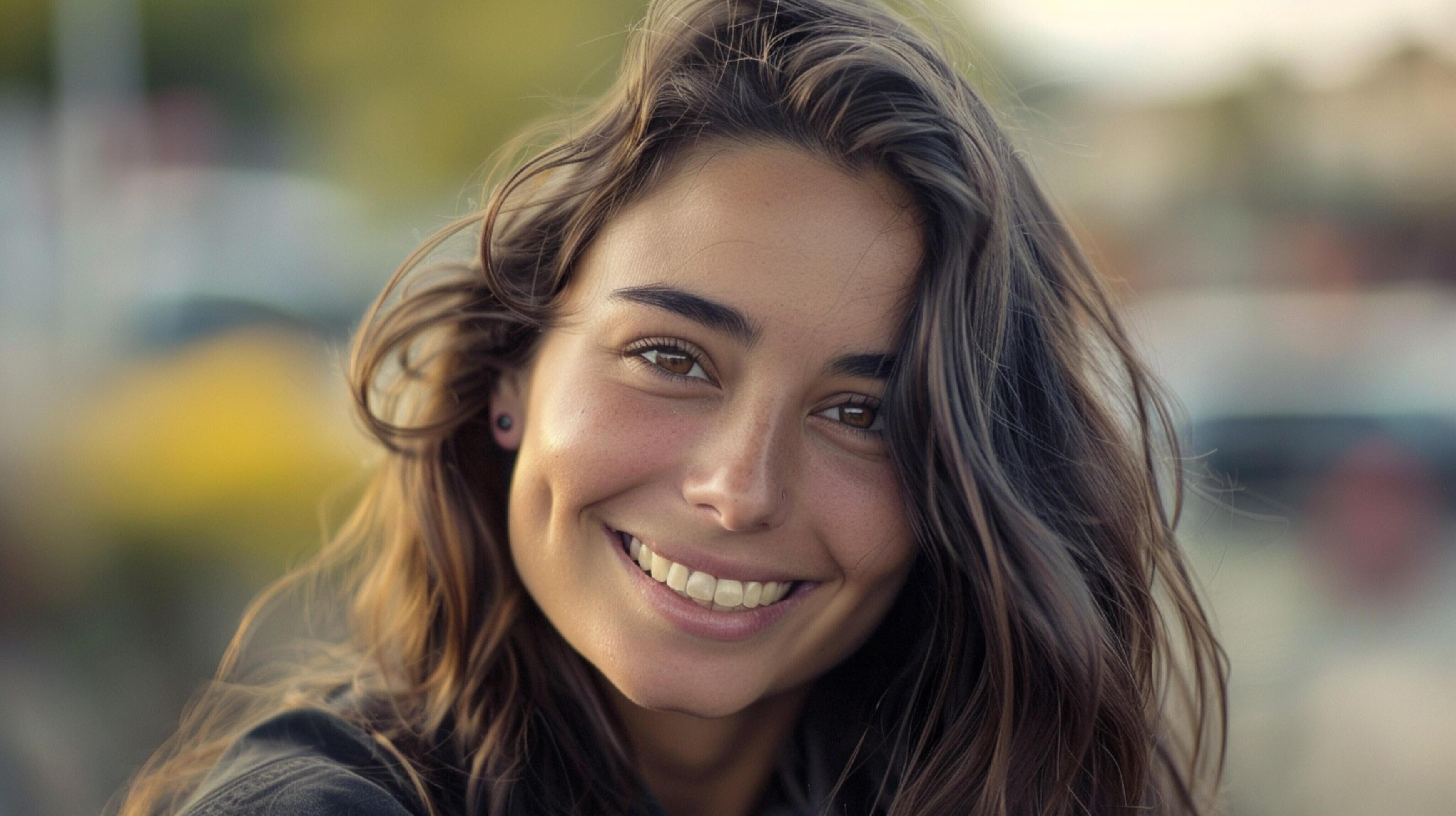 young woman with long brown hair smiling Stock Free