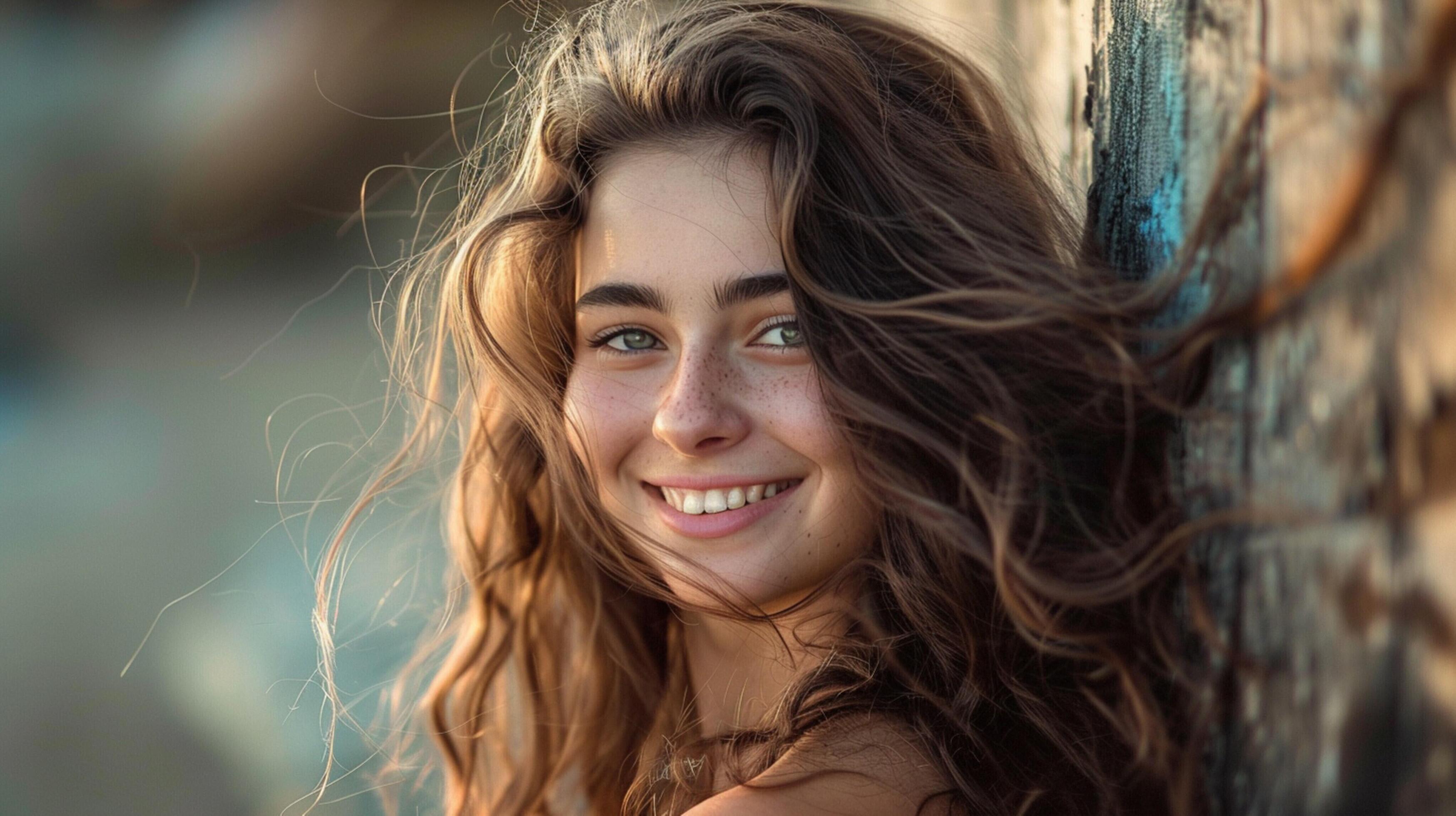 young woman with long brown hair smiling Stock Free