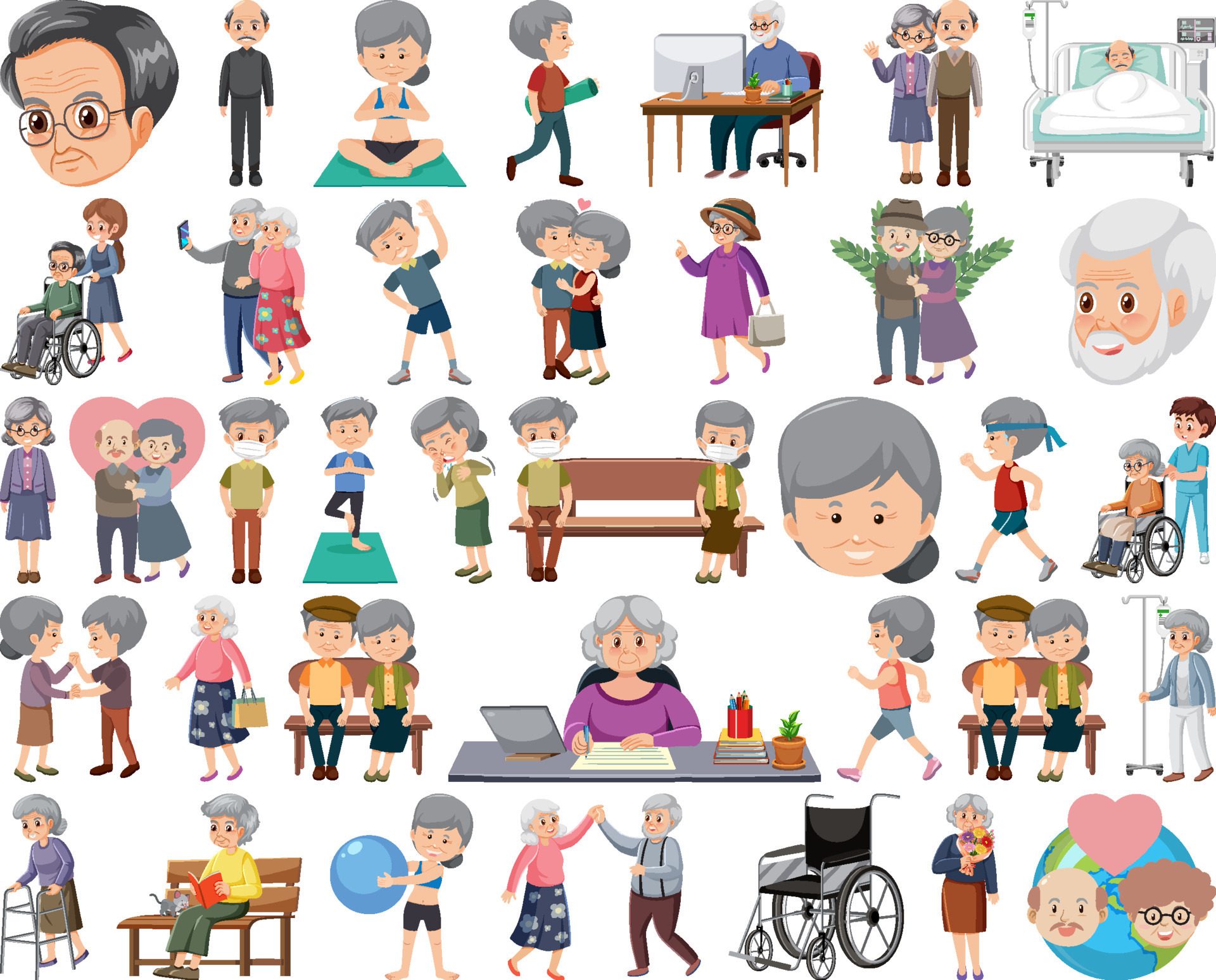 Collection of elderly people icons Free Vector