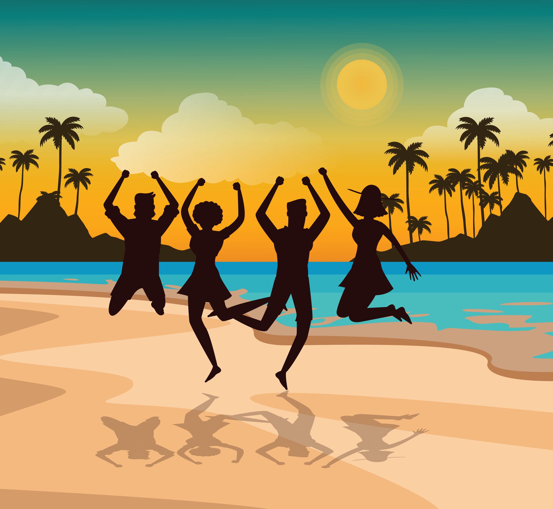 Happy people enjoying summer vacations on the beach, they are dancing and talking, tourism and summer time concept Free Vector