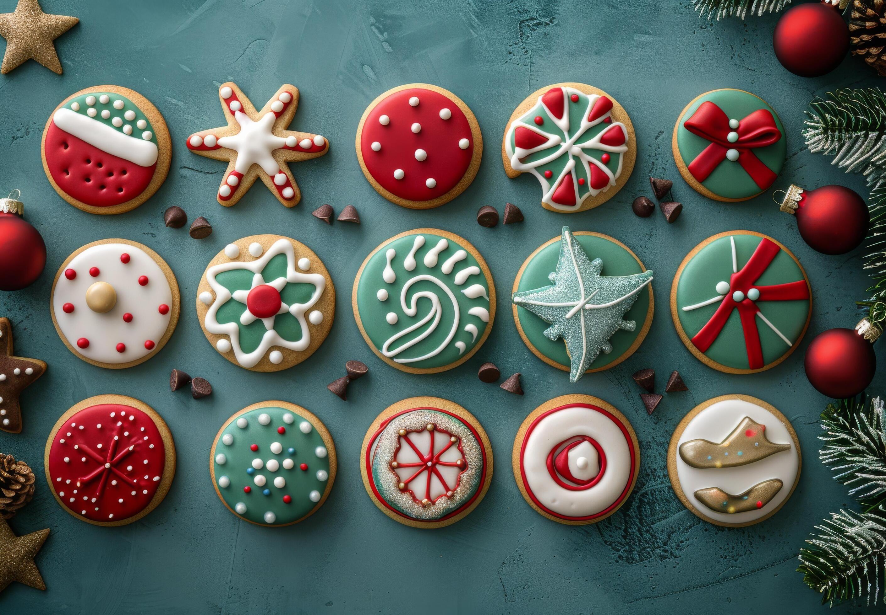 Decorated Sugar Cookies With Winter And Holiday Designs On Blue Background Stock Free