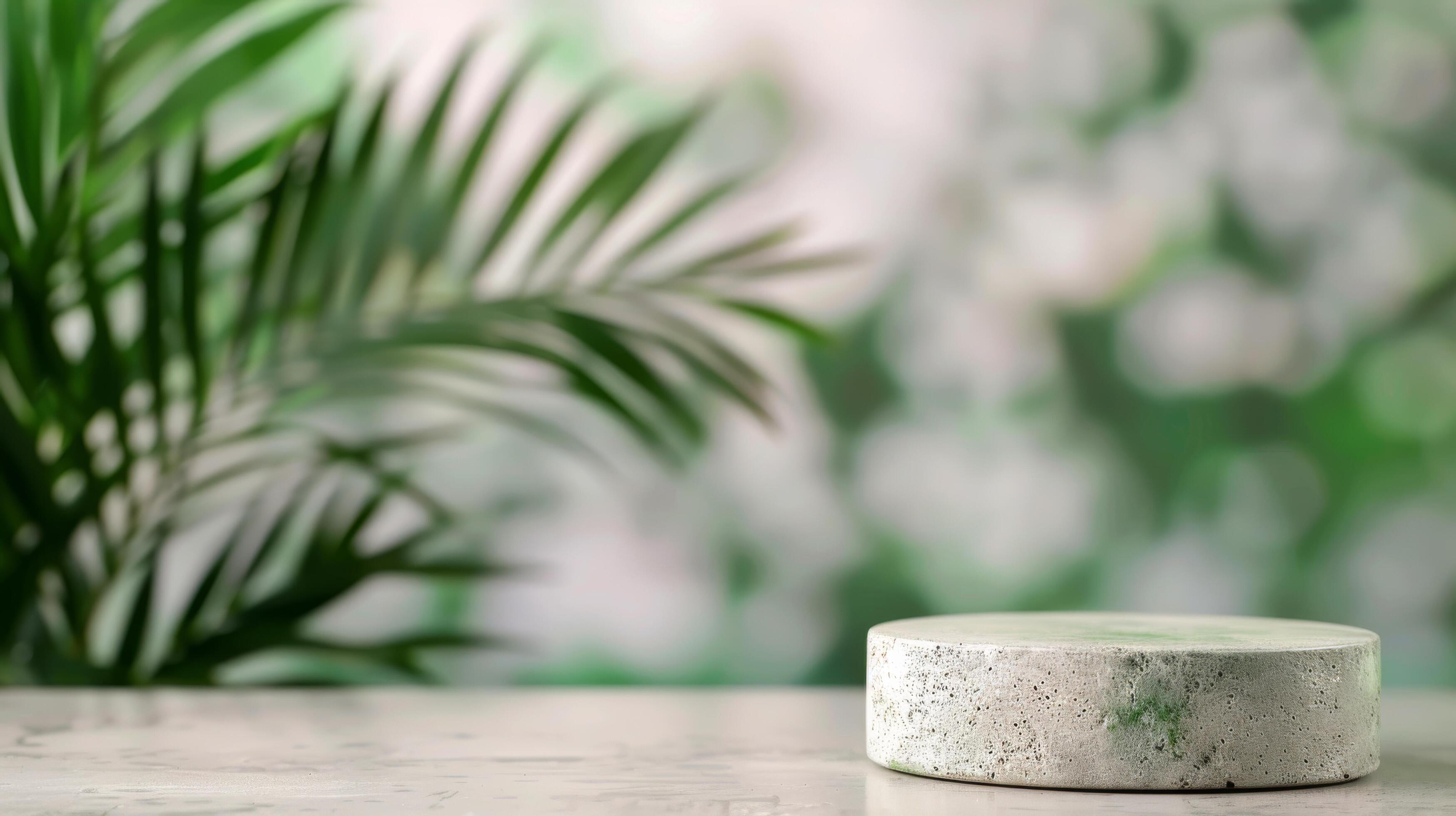 White Stone Platform With Green Plant Background Stock Free