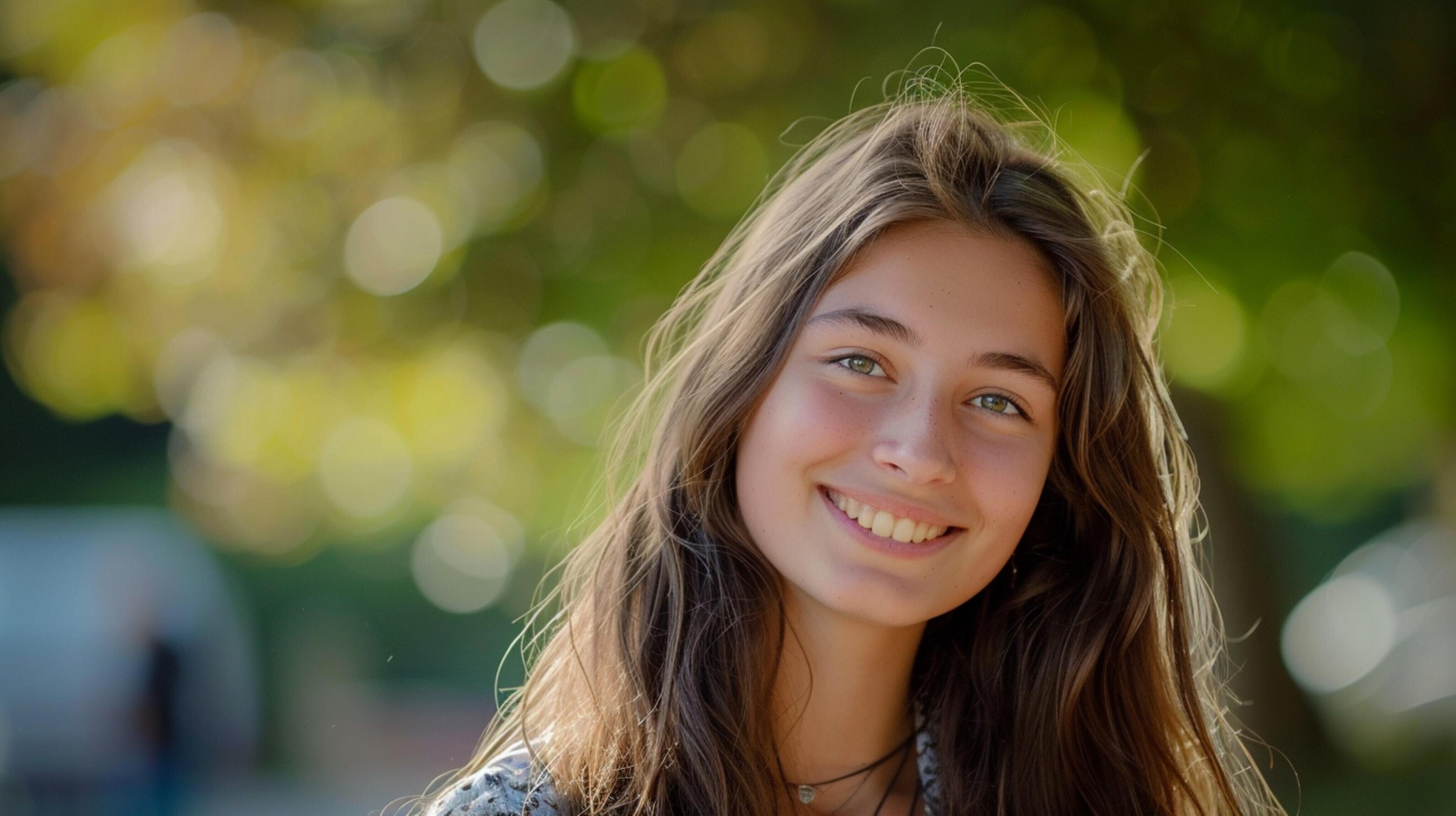 young woman with long brown hair smiling Stock Free