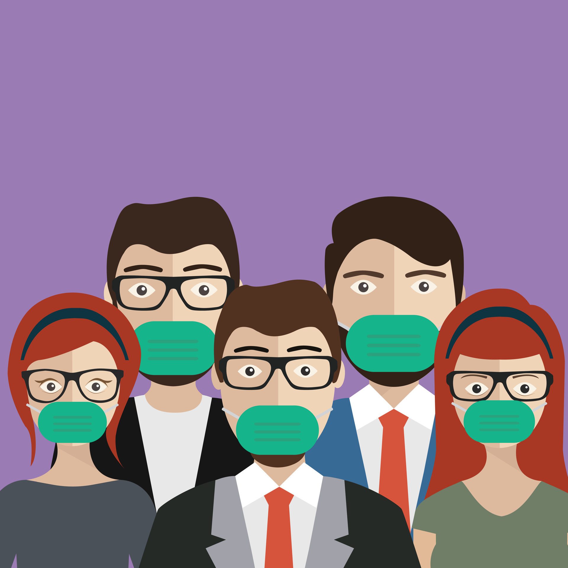 Group of people wearing medical masks to prevent disease, flu, air pollution, contaminated air, world pollution. Flat illustration Free Vector