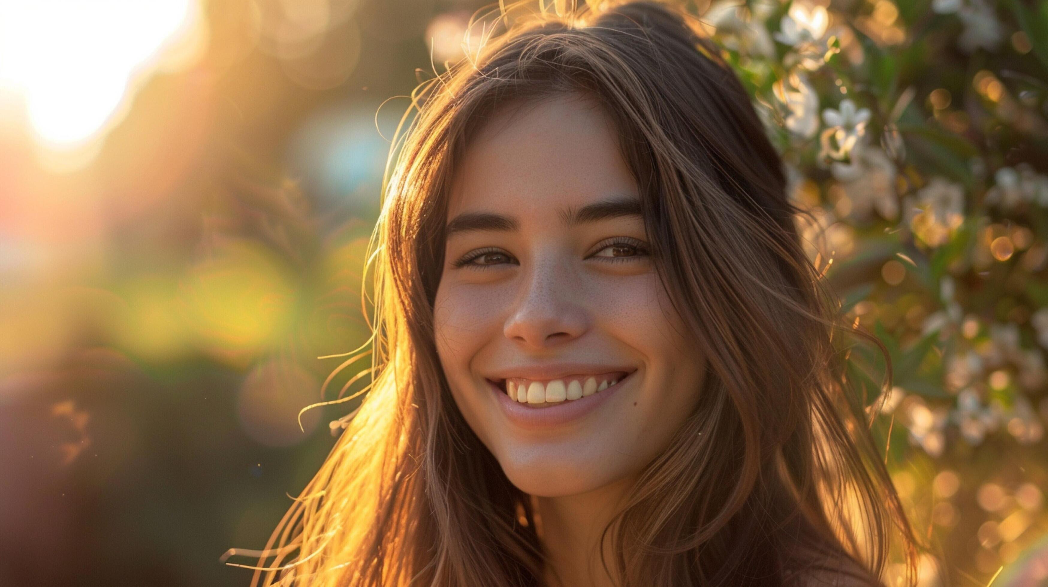 young woman with long brown hair smiling Stock Free