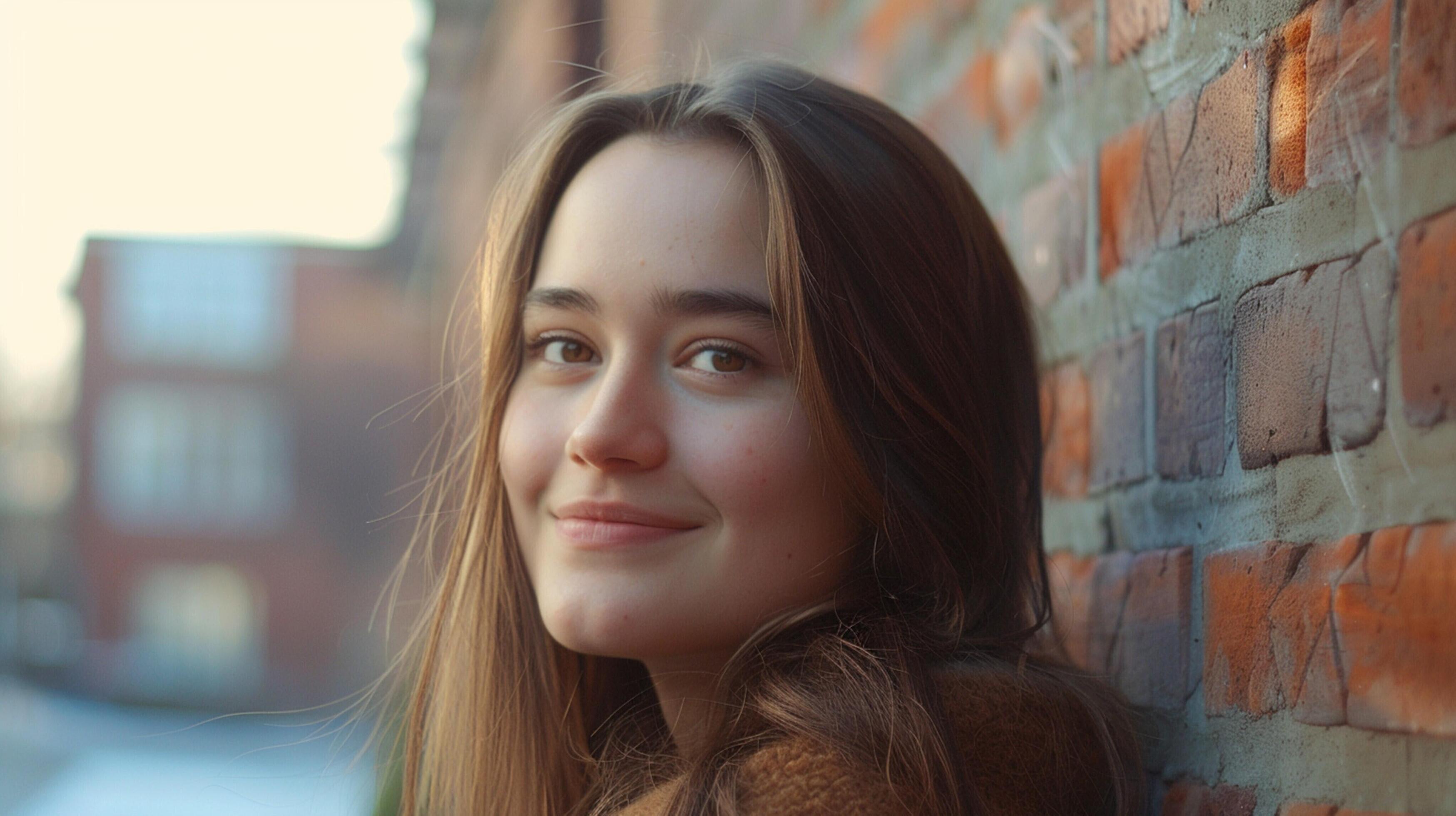 young woman with long brown hair smiling Stock Free