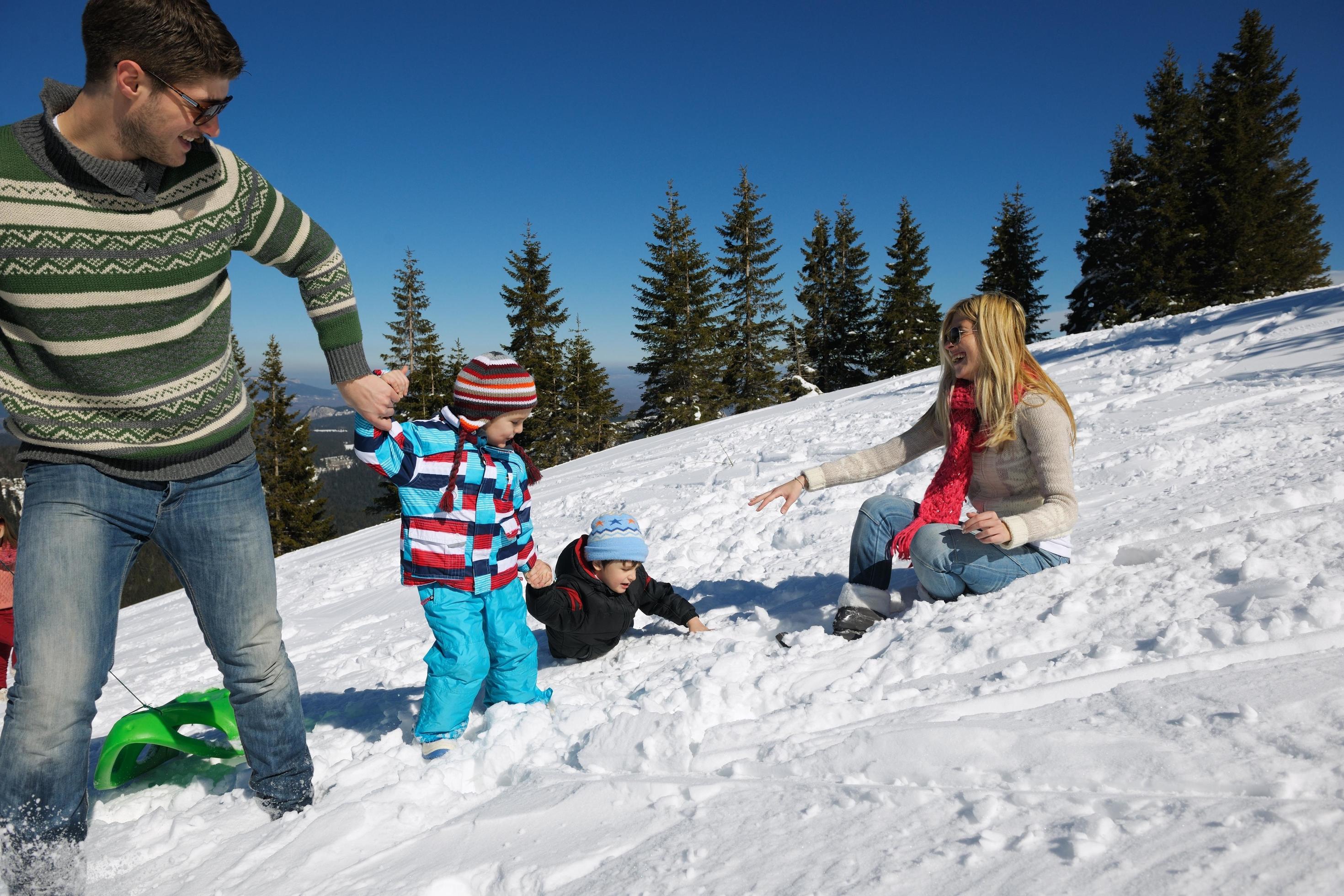 family having fun on fresh snow at winter Stock Free