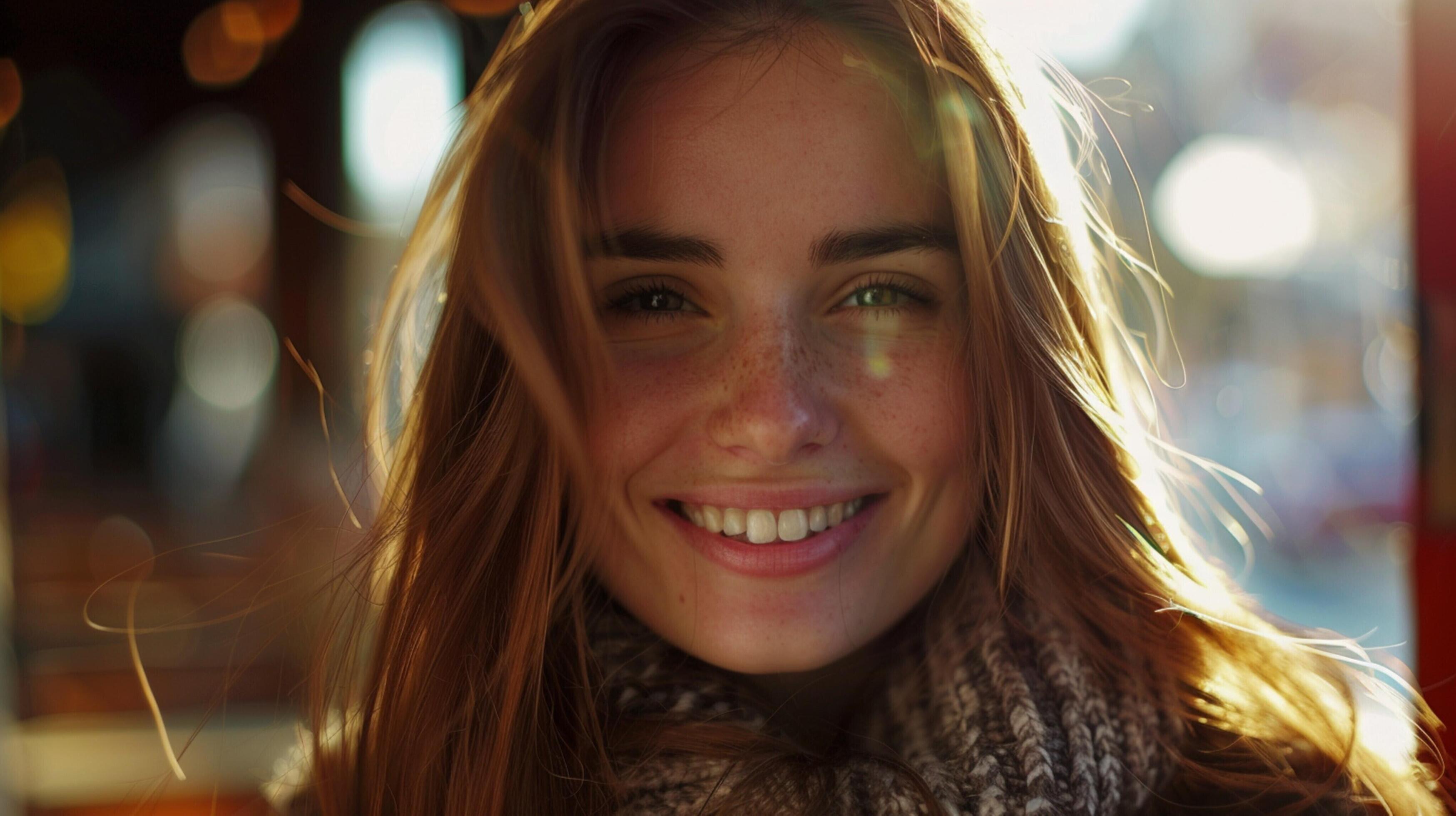 young woman with long brown hair smiling Stock Free