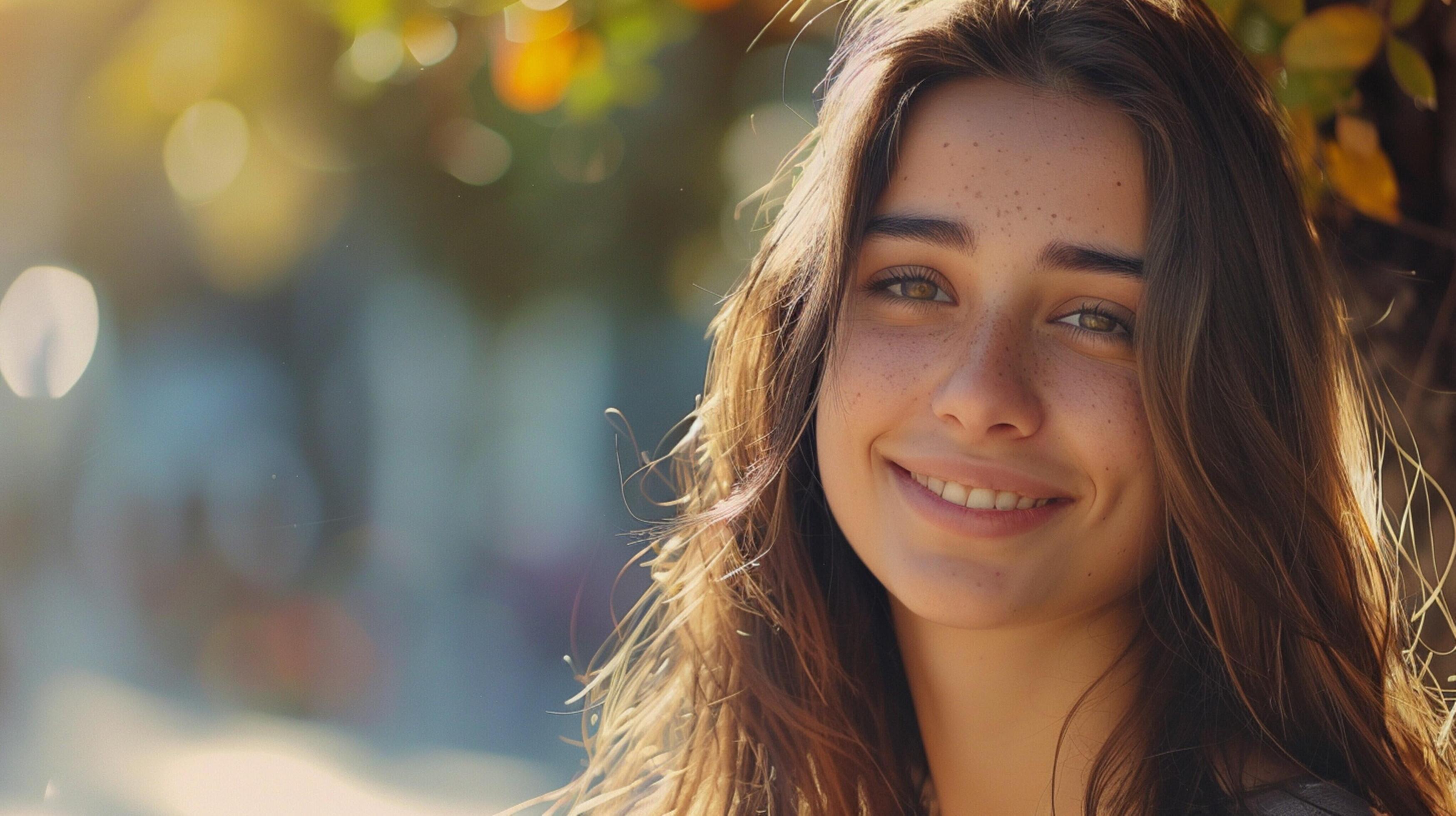 young woman with long brown hair smiling Stock Free