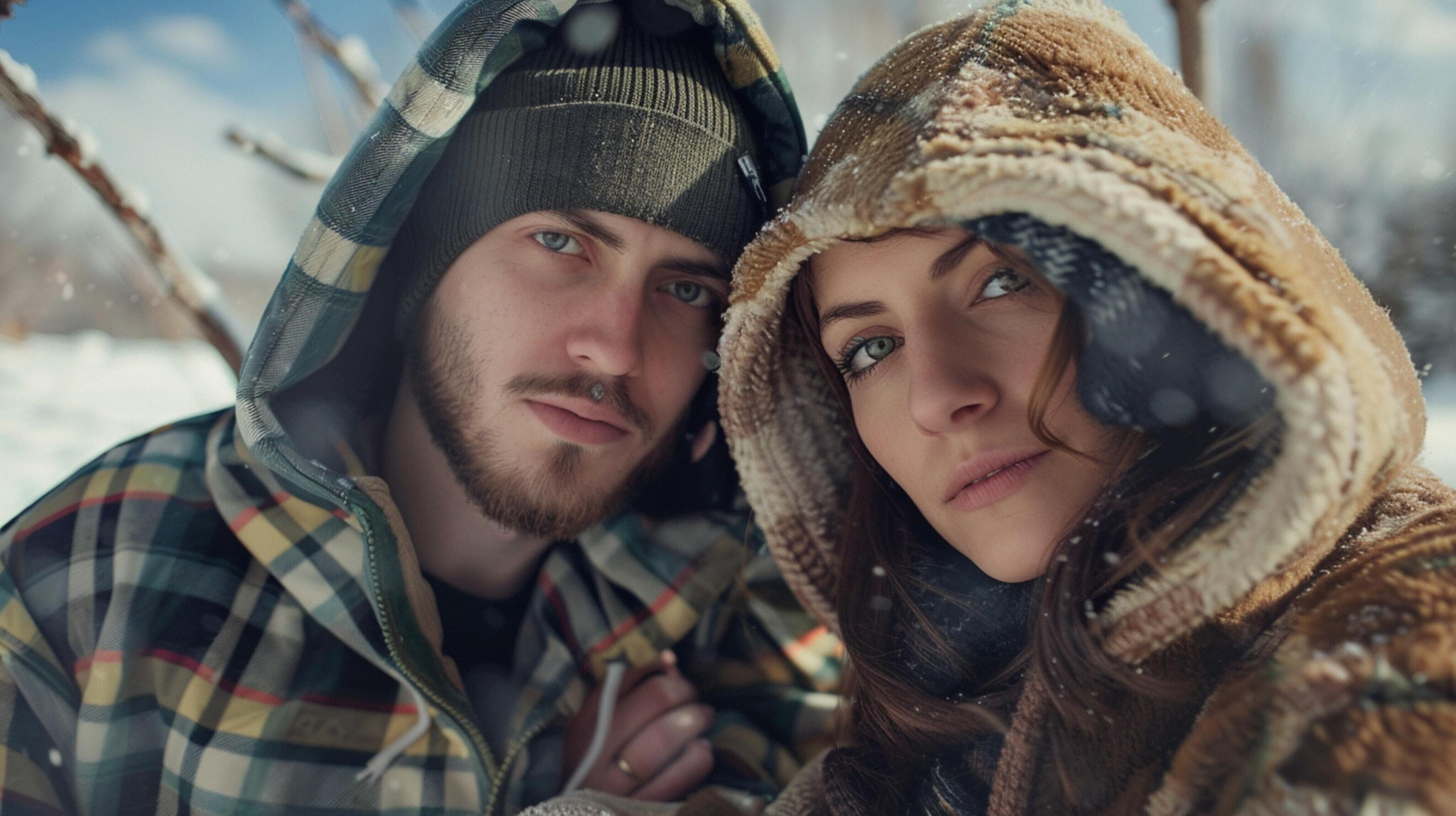 young couple in hooded shirts looking at camera Stock Free