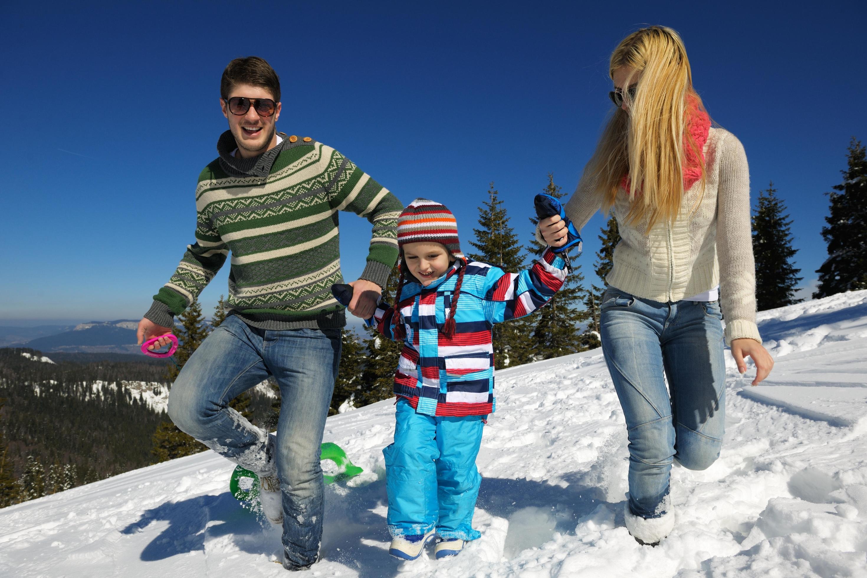 family having fun on fresh snow at winter Stock Free