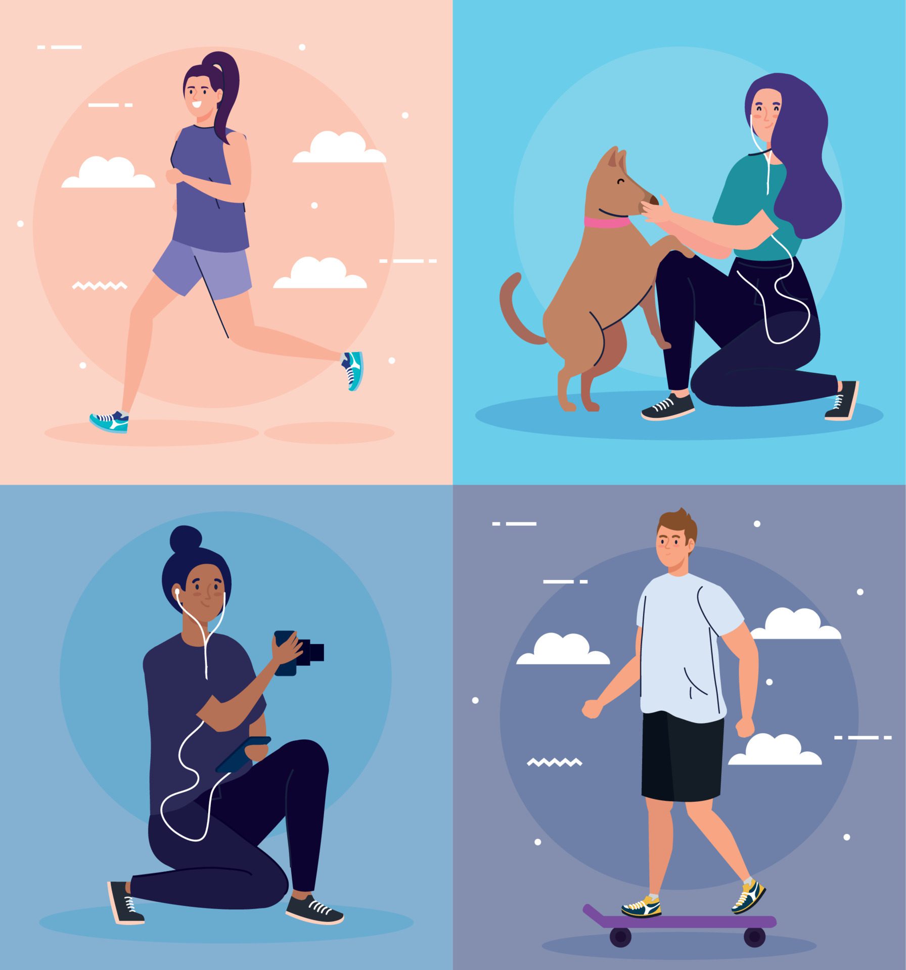 set scenes, young people performing leisure outdoor activities Free Vector