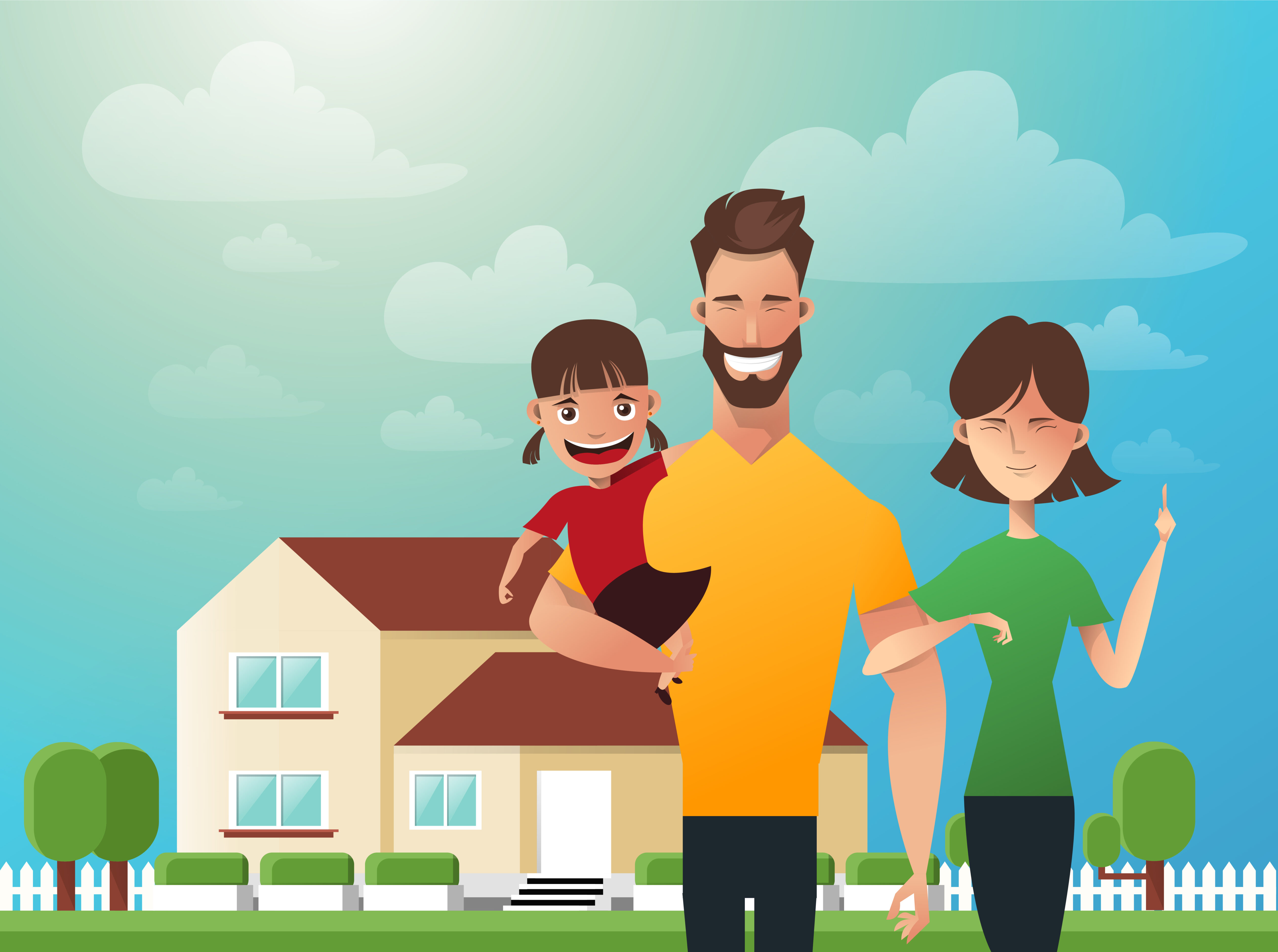 Happy family in the background of his home. Father, mother and daughter together outdoors. Vector illustrations in the flat style Free Vector