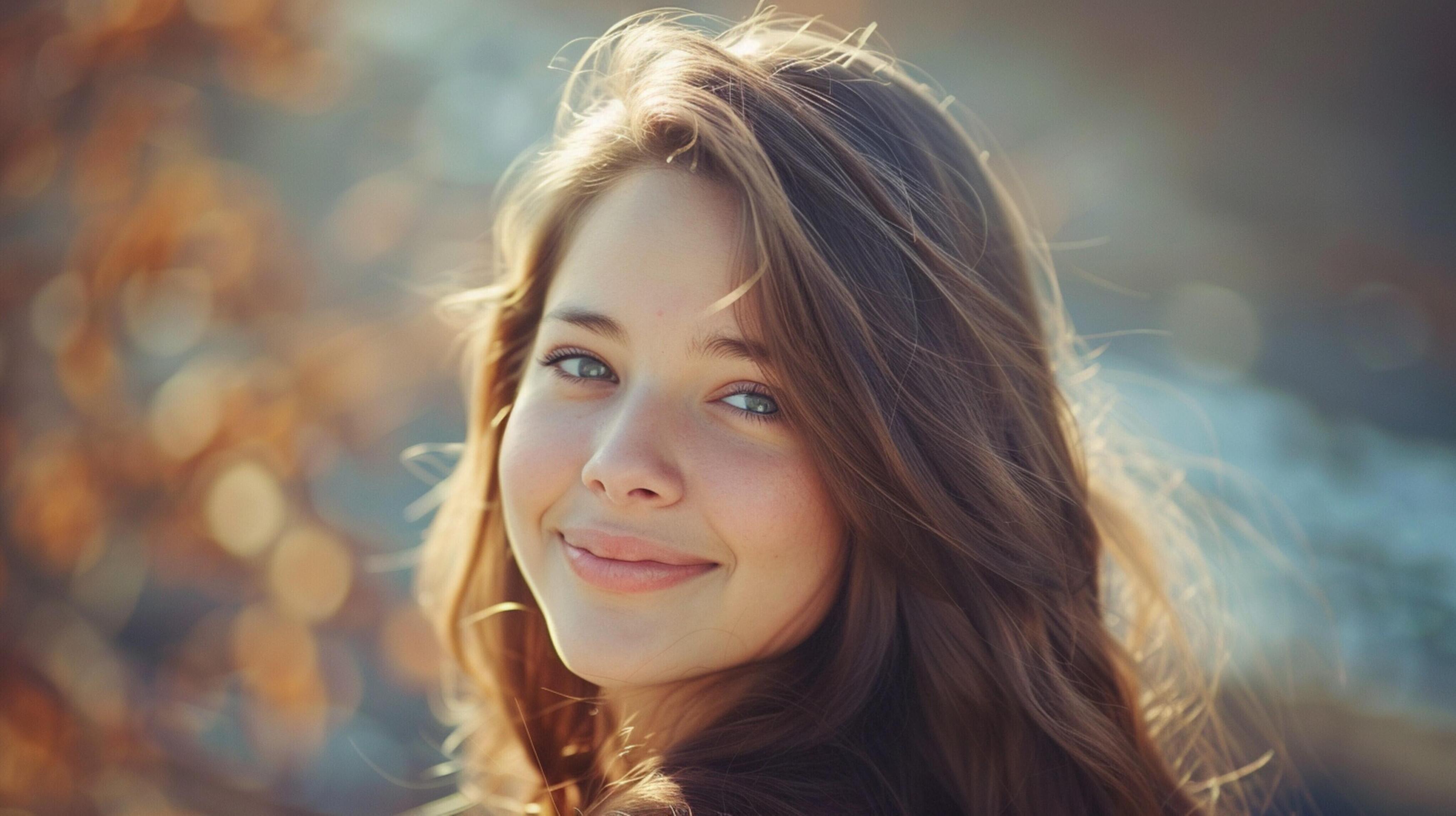 young woman with long brown hair smiling Stock Free