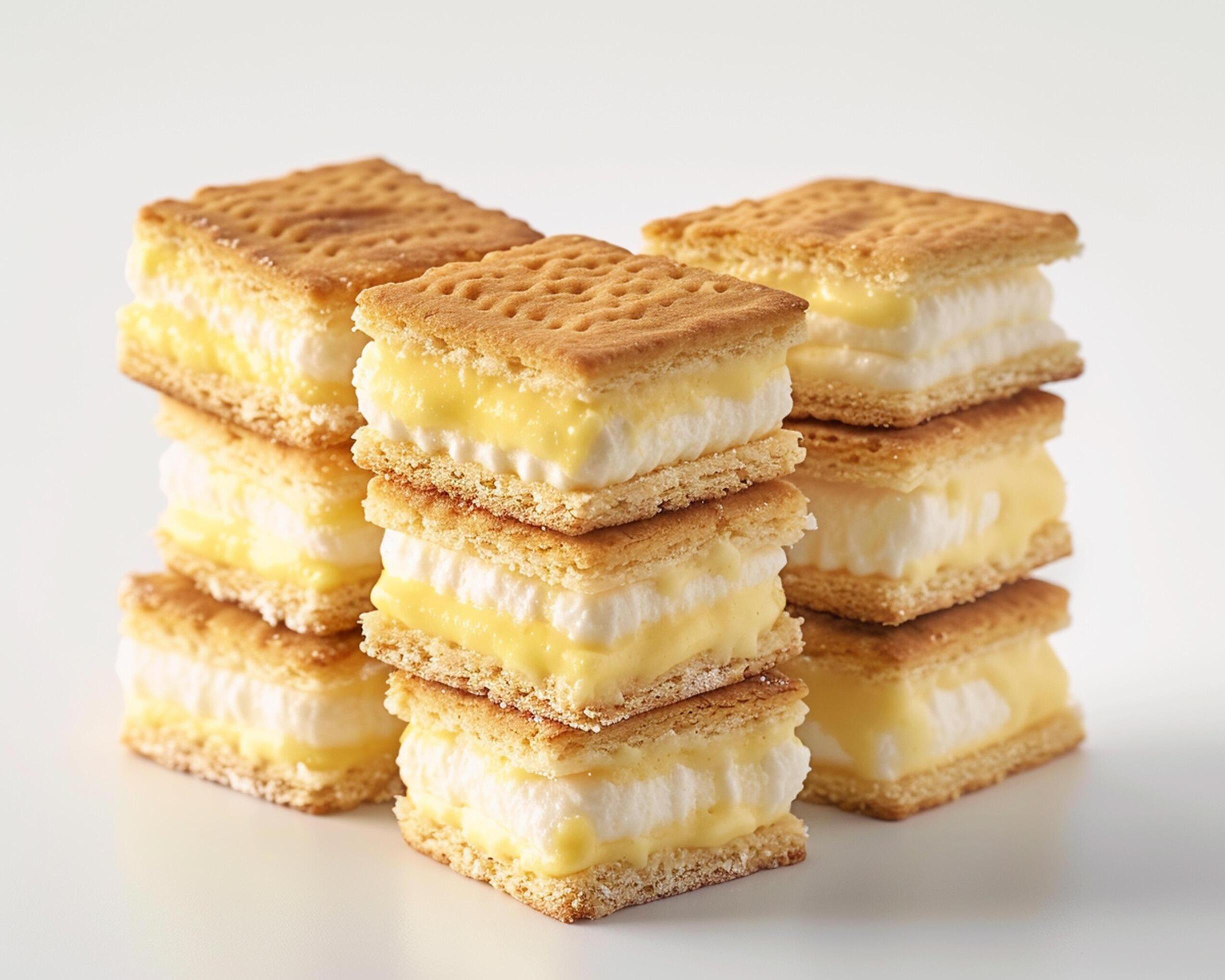 A stack of four s’mores sandwiches on a white surface Stock Free