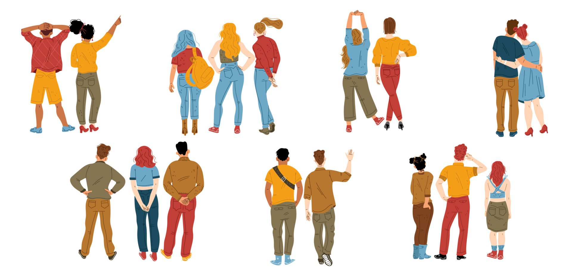 People from behind, male and female characters Free Vector