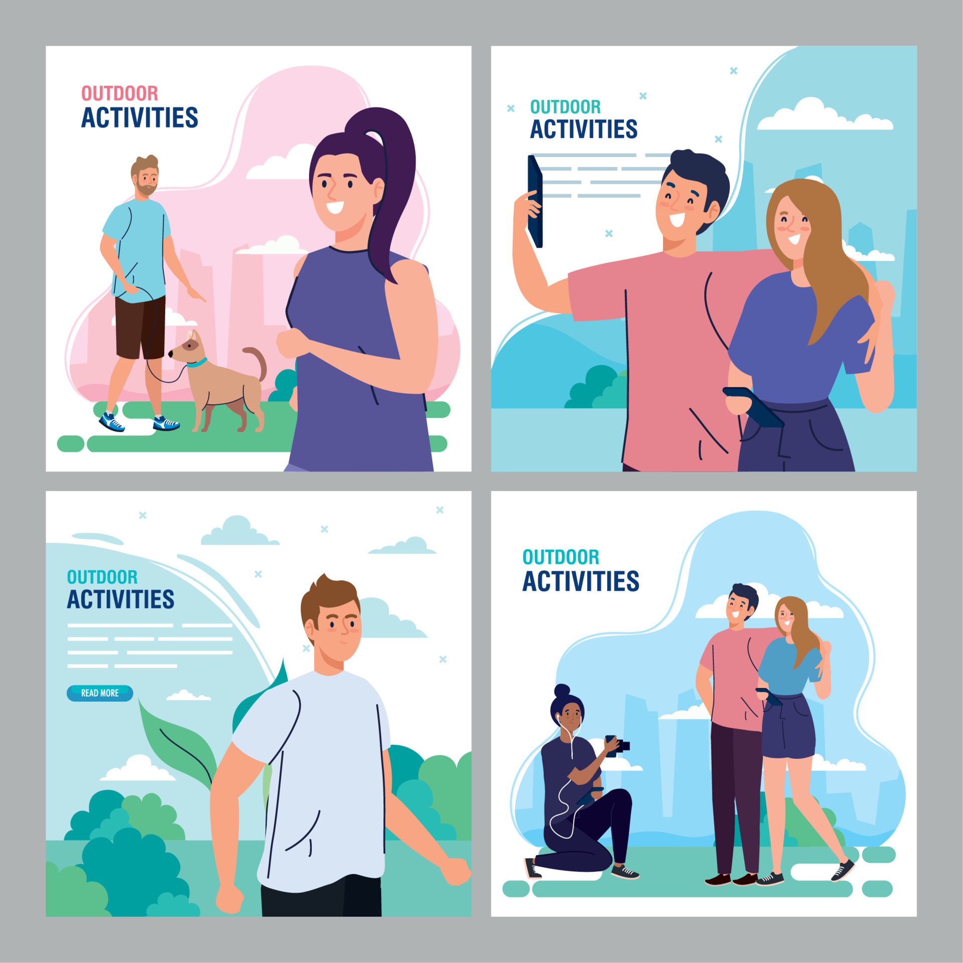 set of banners, young people performing leisure outdoor activities Free Vector