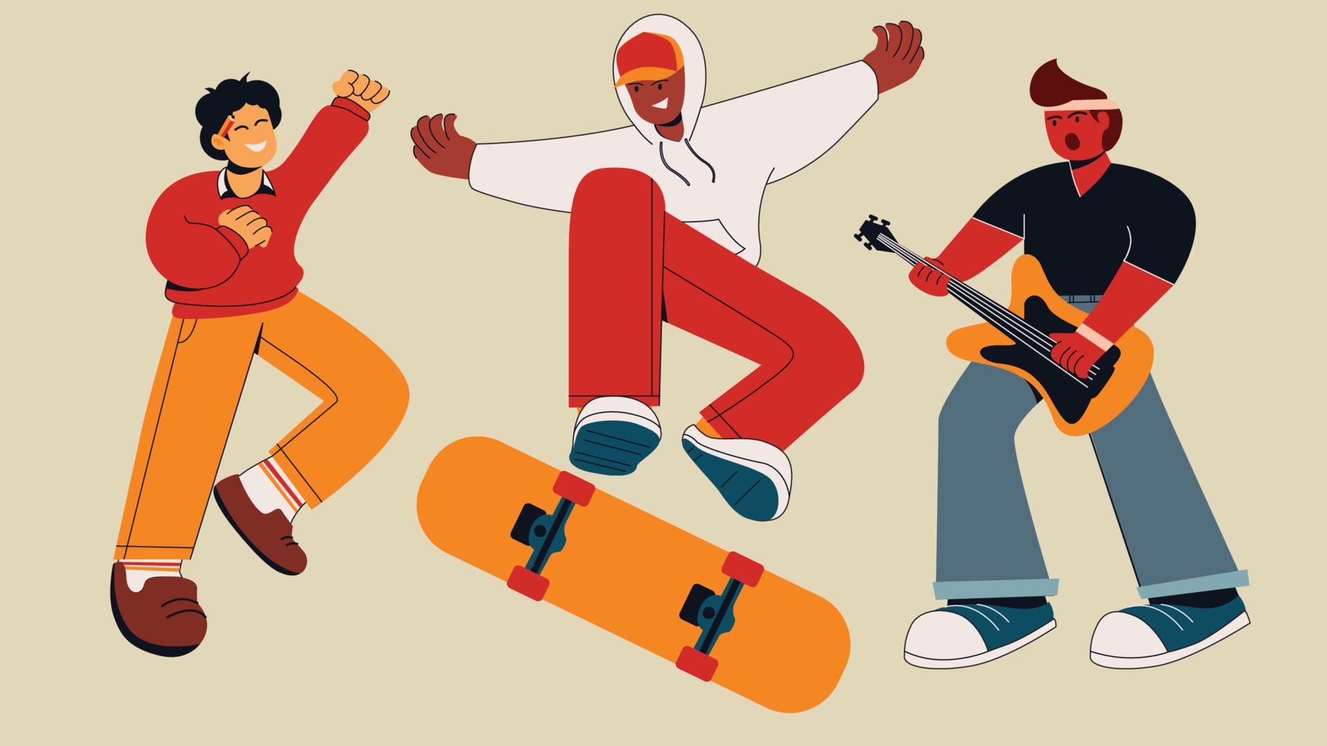 People with Hobbies playing guitars and skate boards flat character vector Free Vector