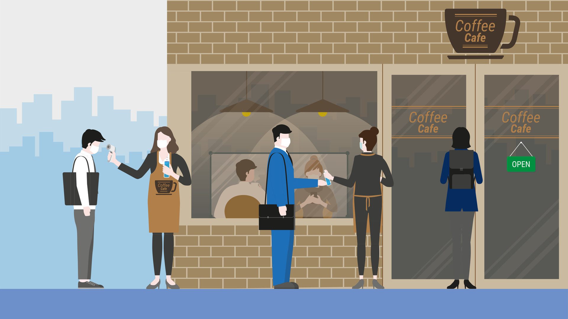 Business people queue for screening test before enter coffee shop. Free Vector