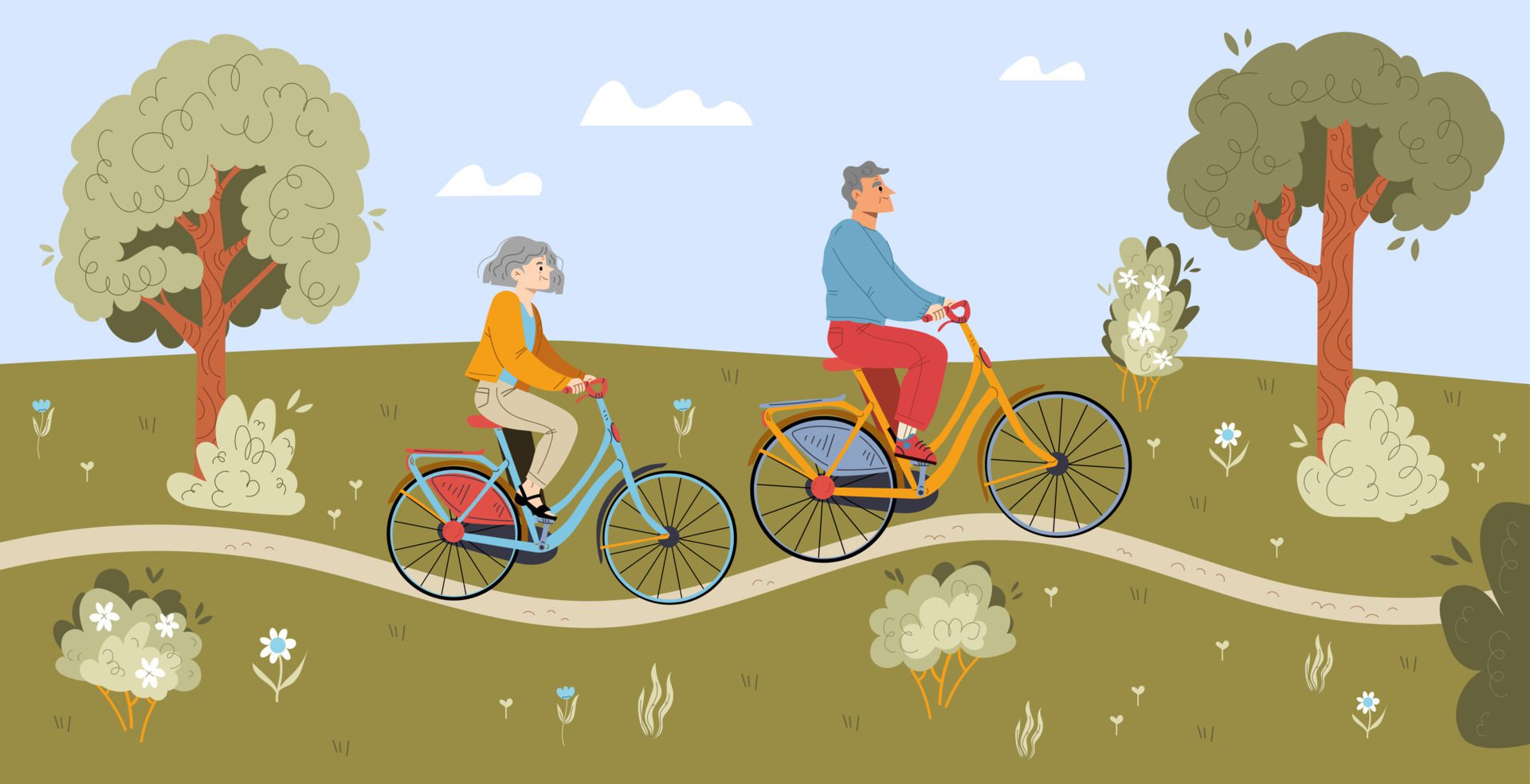 Senior people riding bicycles in summer city park Free Vector