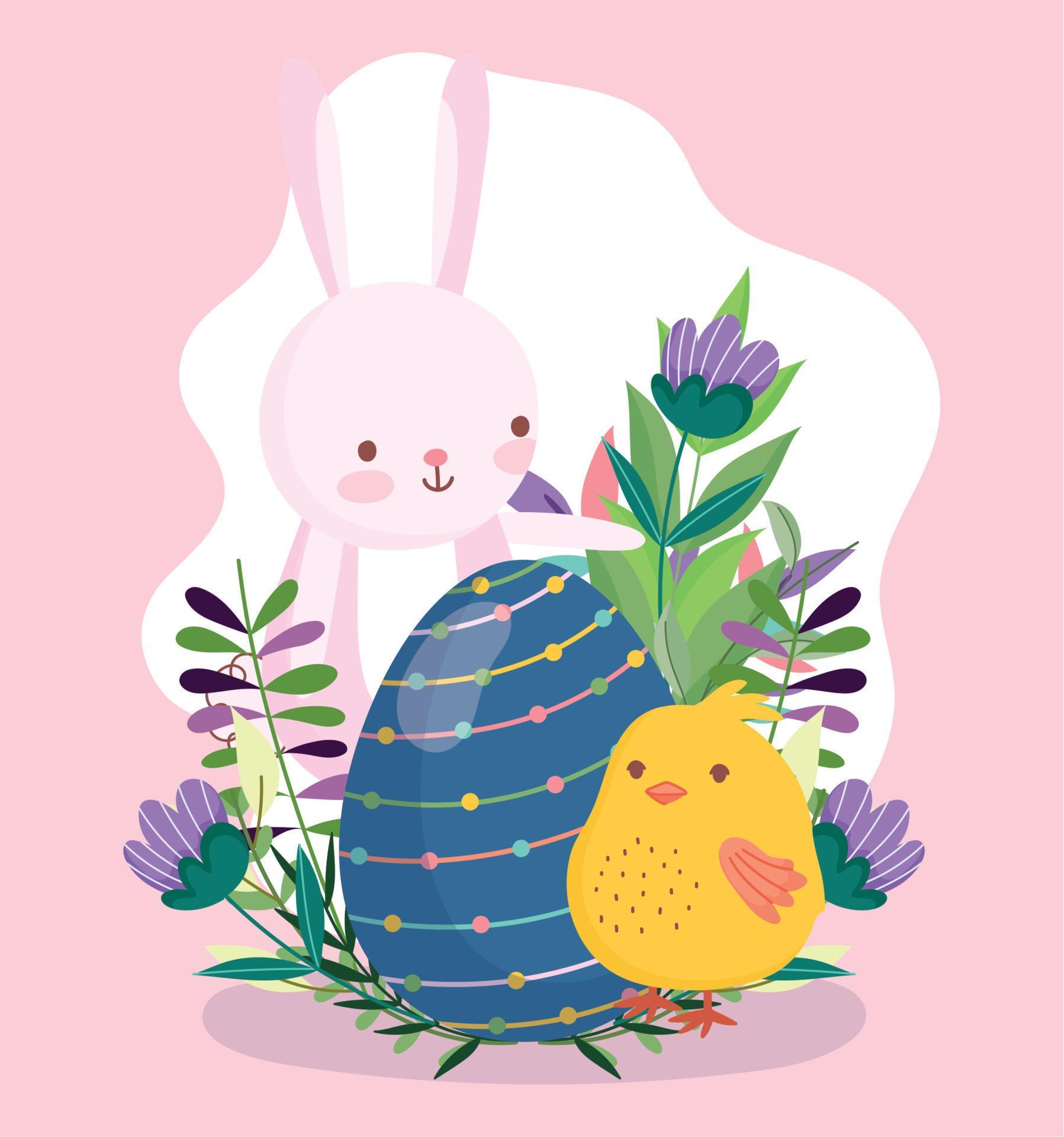 happy easter cute bunny and chicken with blue egg flowers nature Stock Free