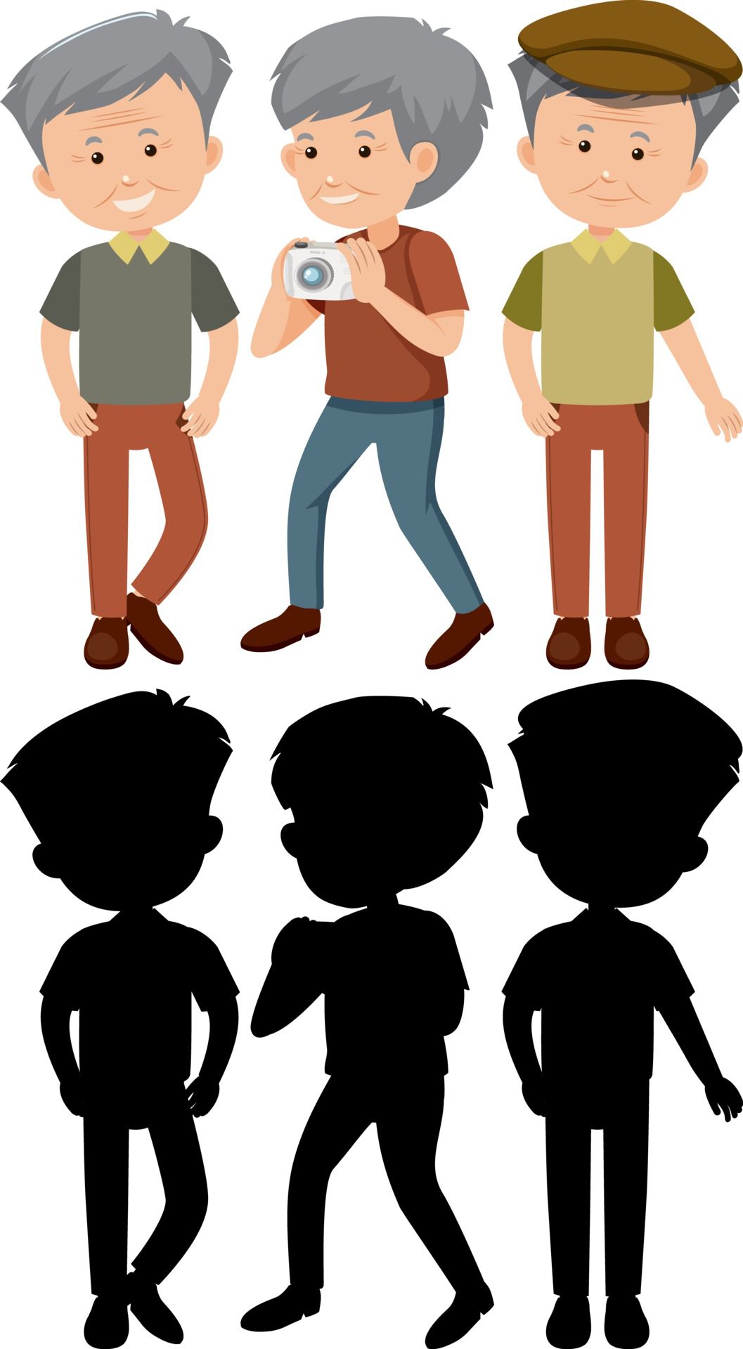 Set of old man cartoon character with different positions with silhouette Free Vector