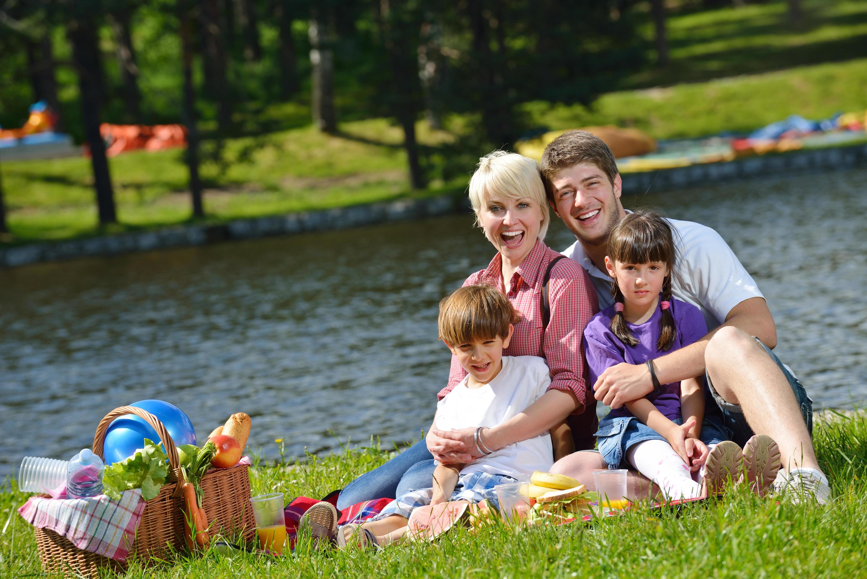 Happy family playing together in a picnic outdoors Stock Free