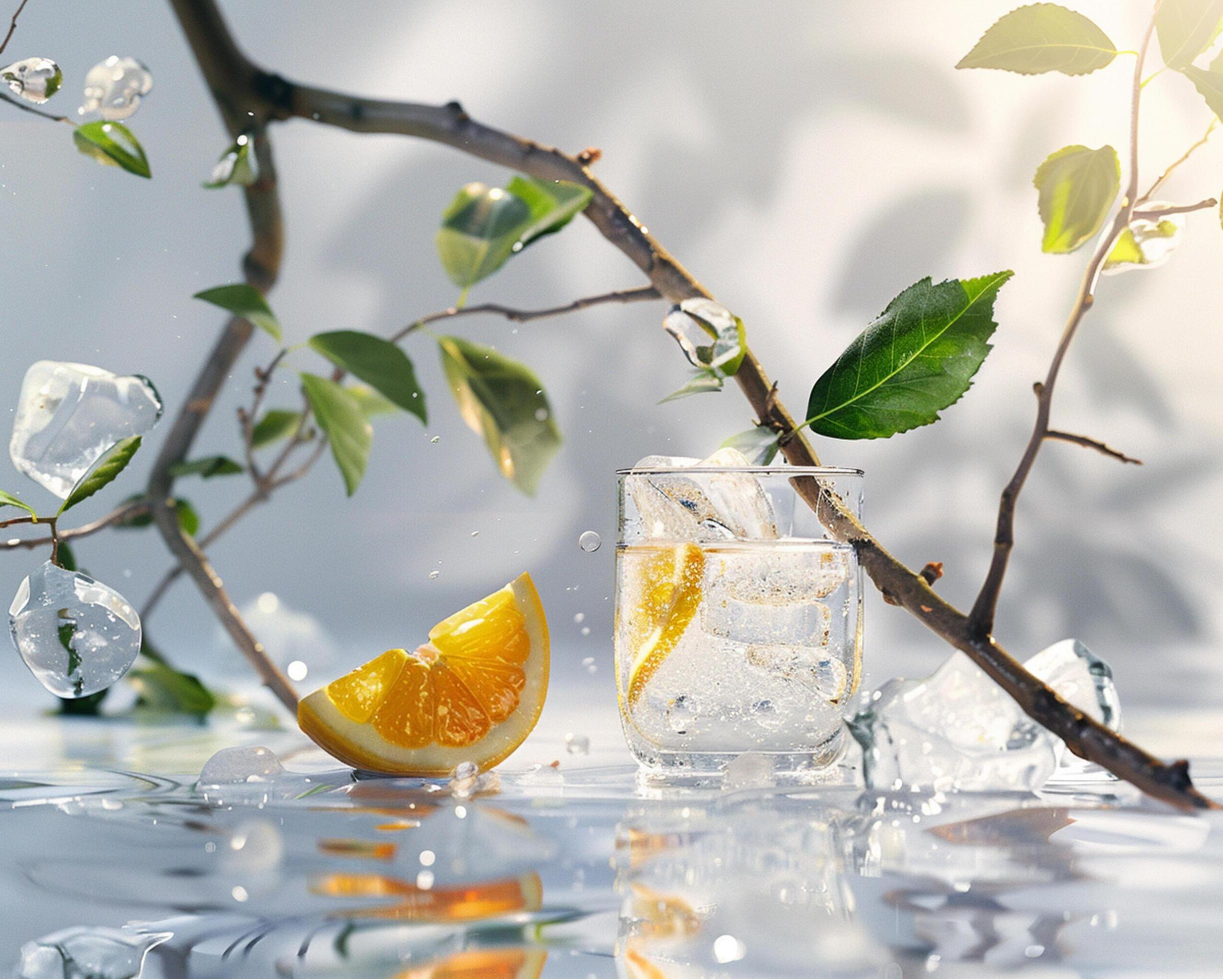 a glass of water with ice and an orange slice Stock Free