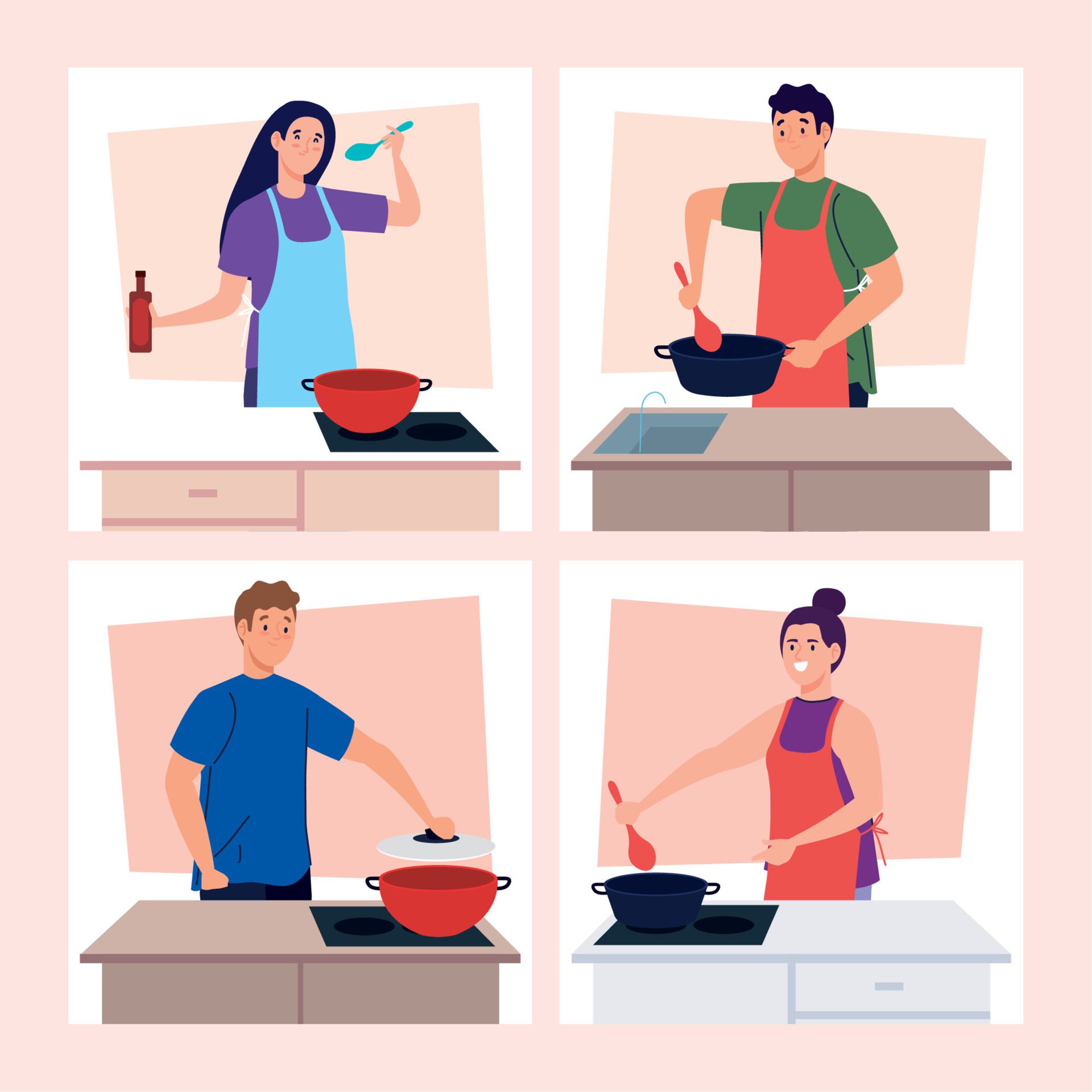 set scenes people cooking in the kitchen Free Vector