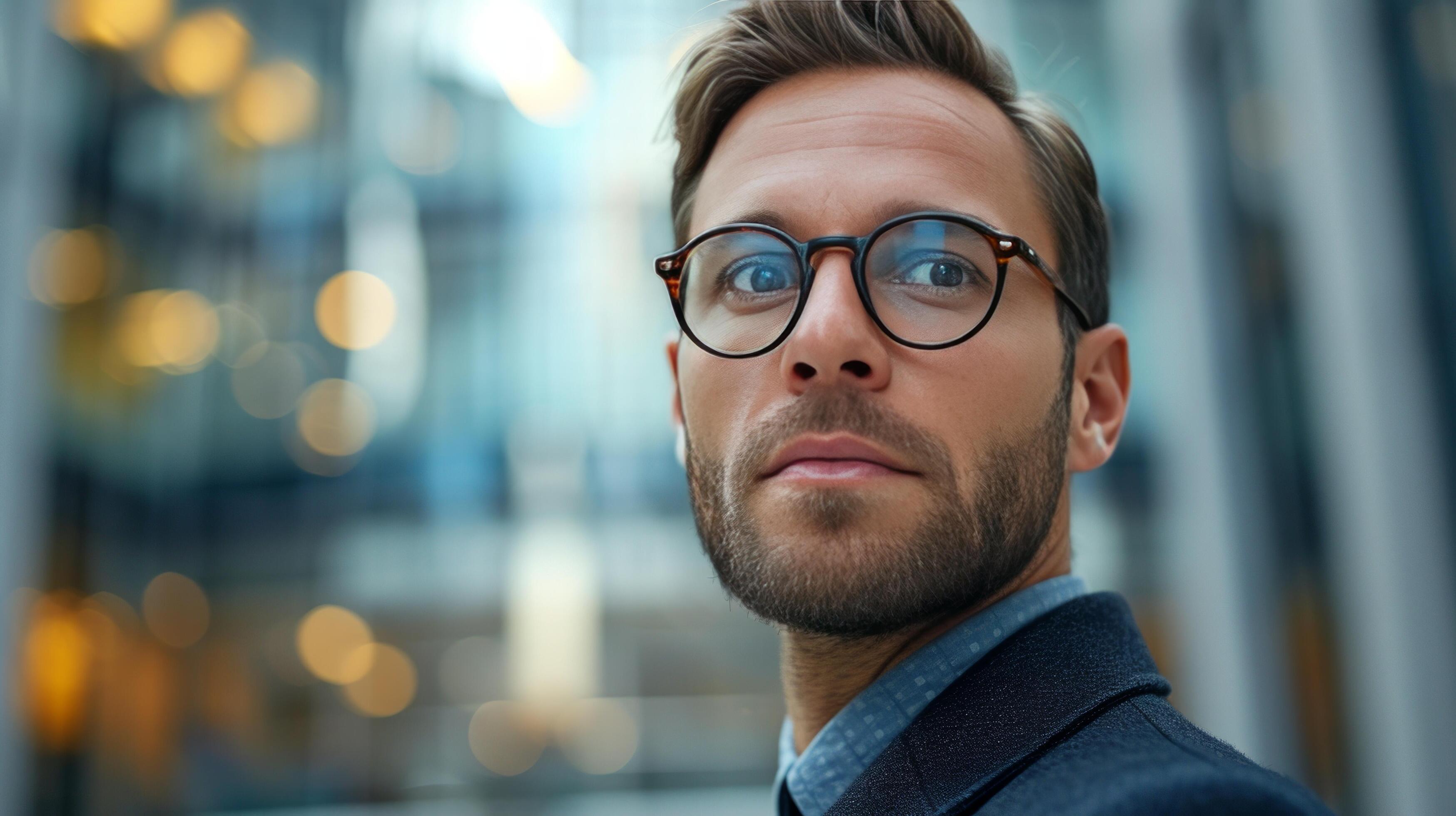 AI generated Young serious businessman in glasses looking at the camera against the background of a blurred business center Stock Free