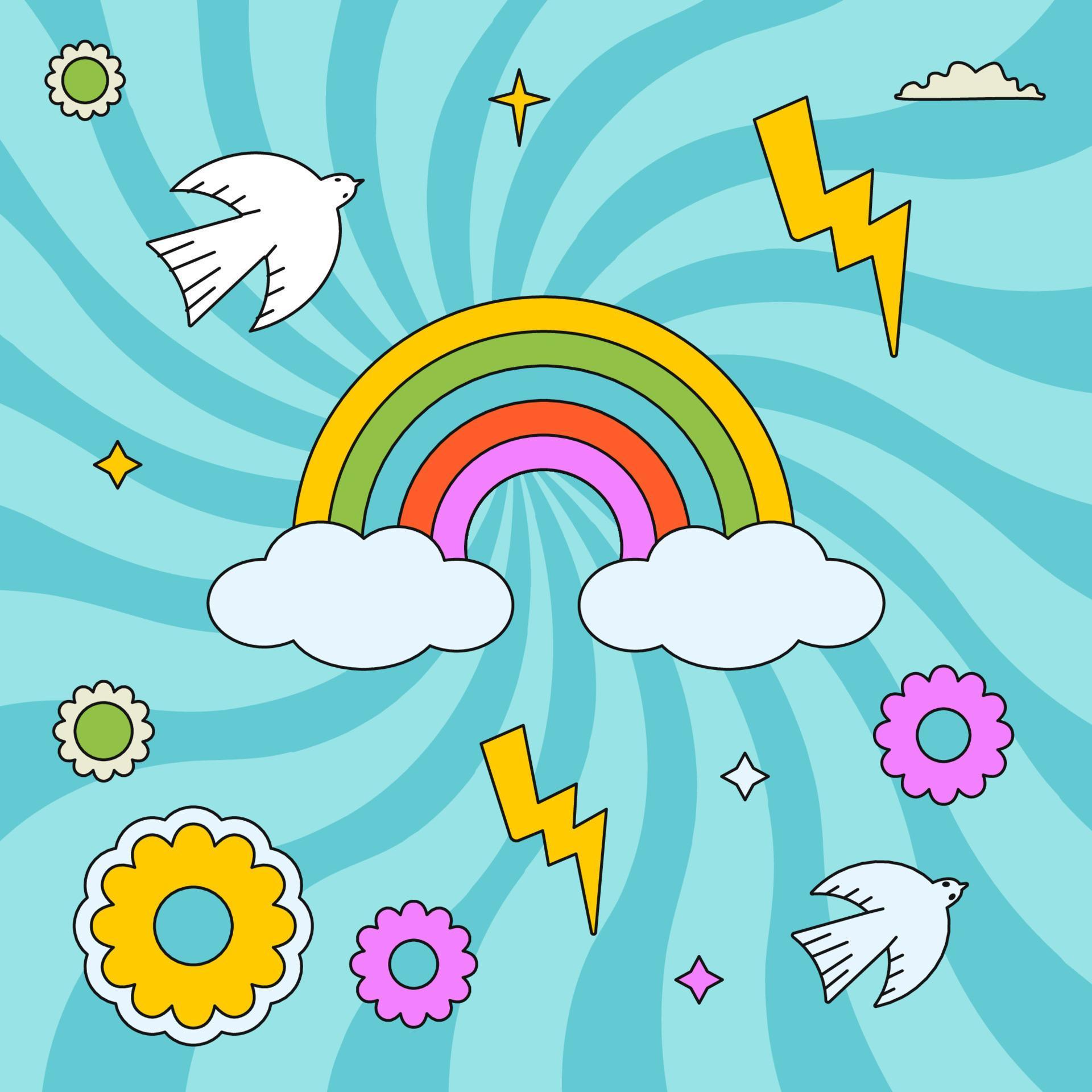 Colourful groovy illustration with rainbow, dove, lights and flowers. Hippy outlined patch. Stock Free