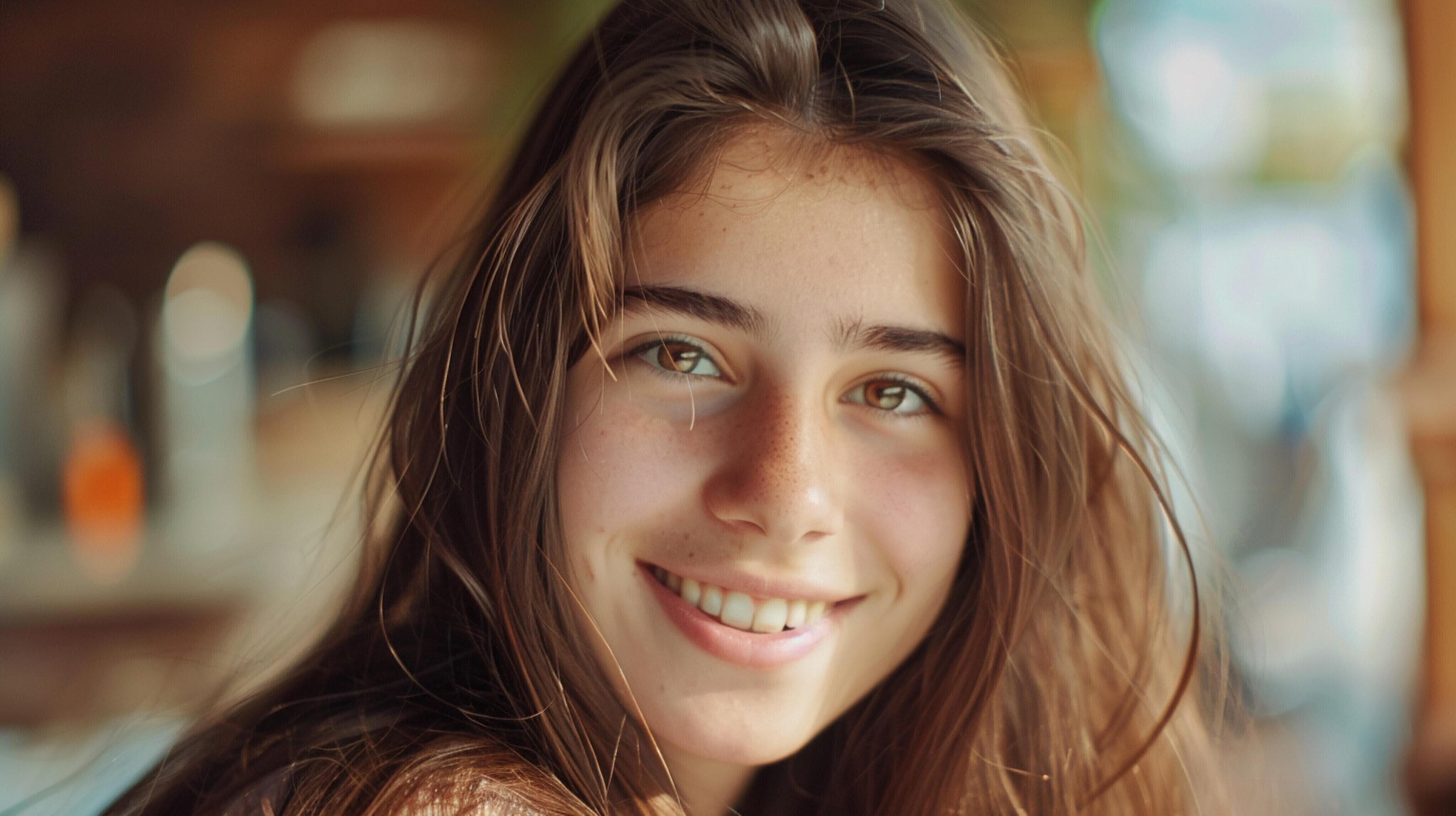 young woman with long brown hair smiling Stock Free