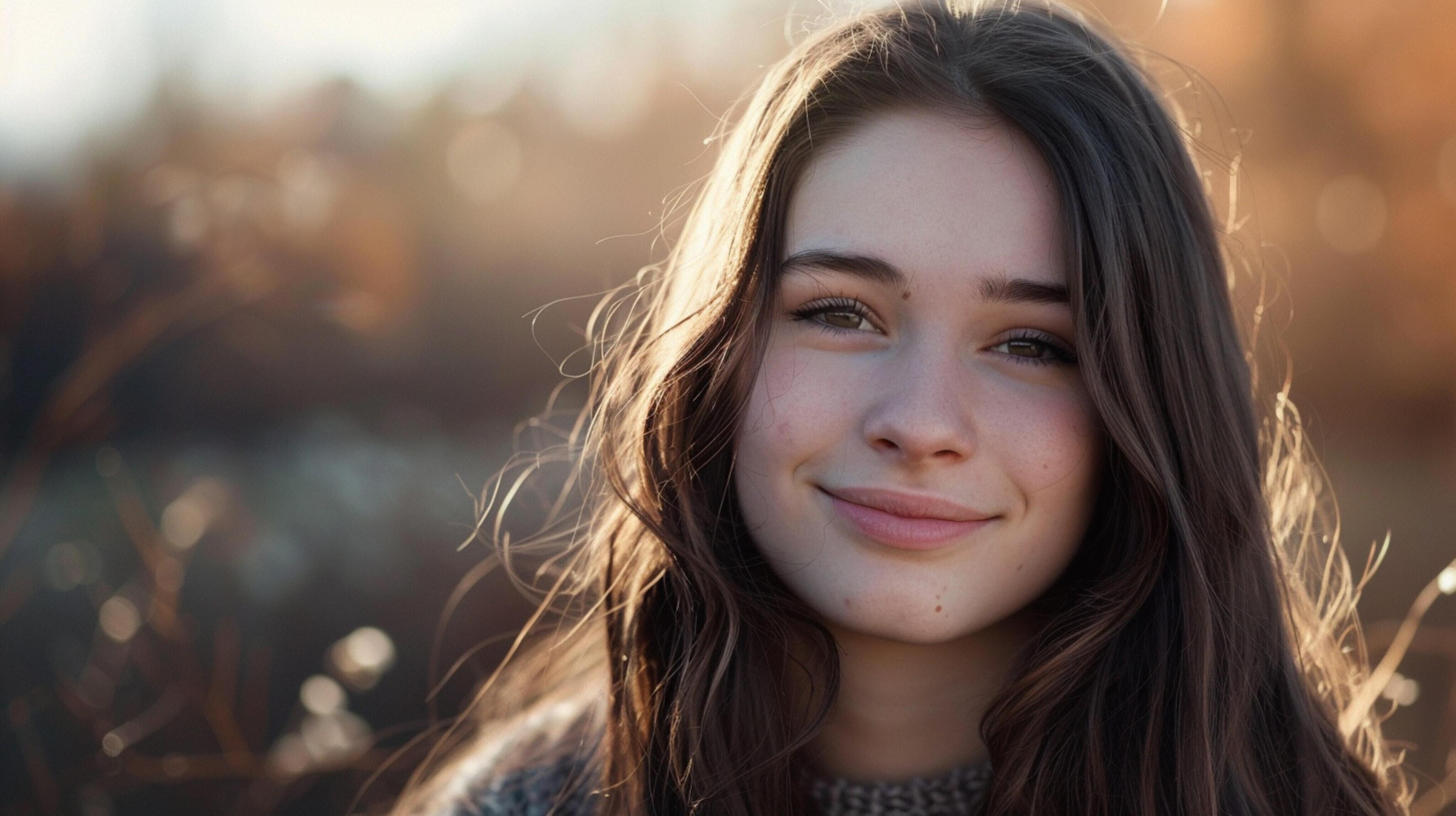 young woman with long brown hair smiling Stock Free