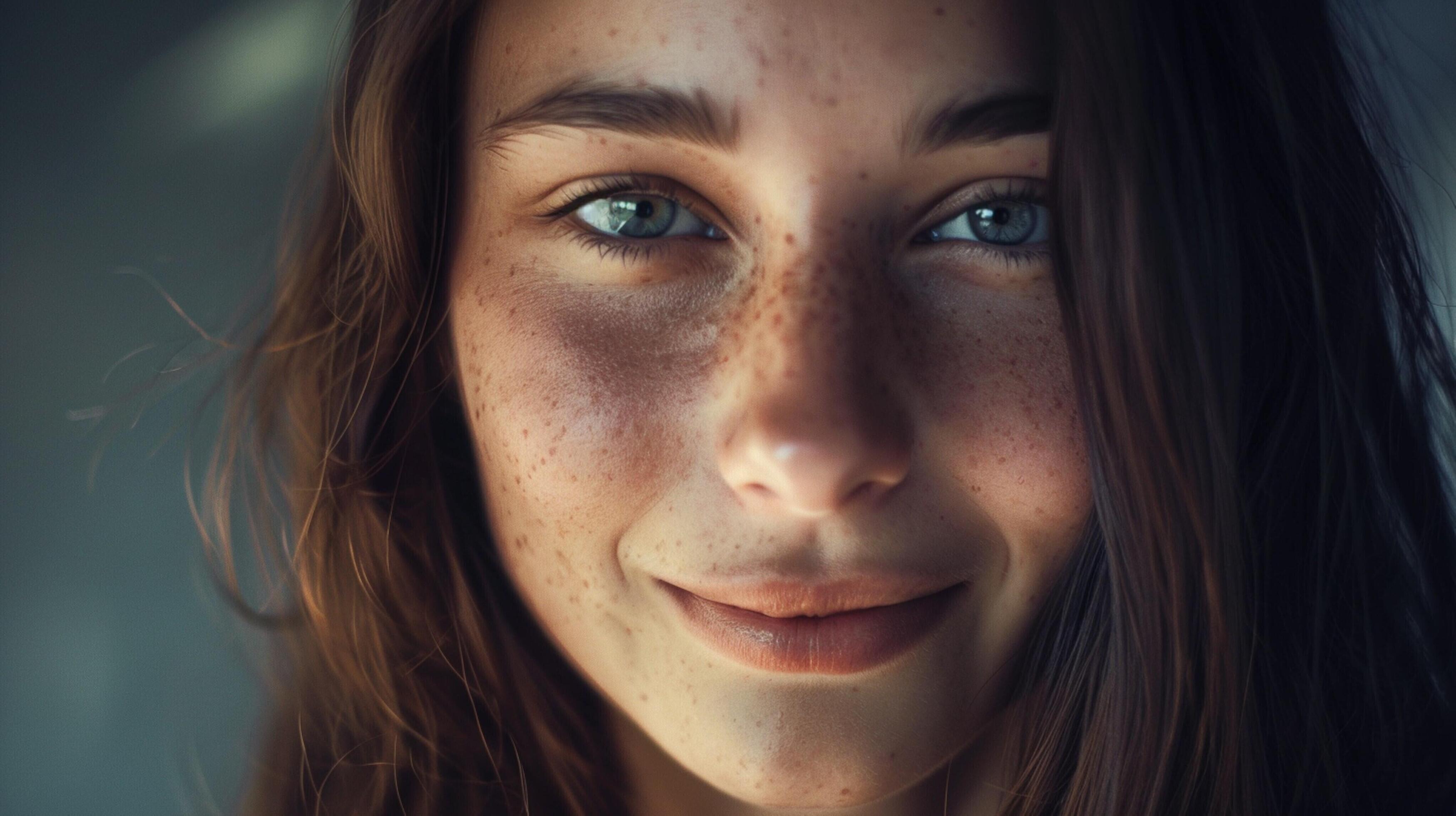 young woman with long brown hair smiling Stock Free